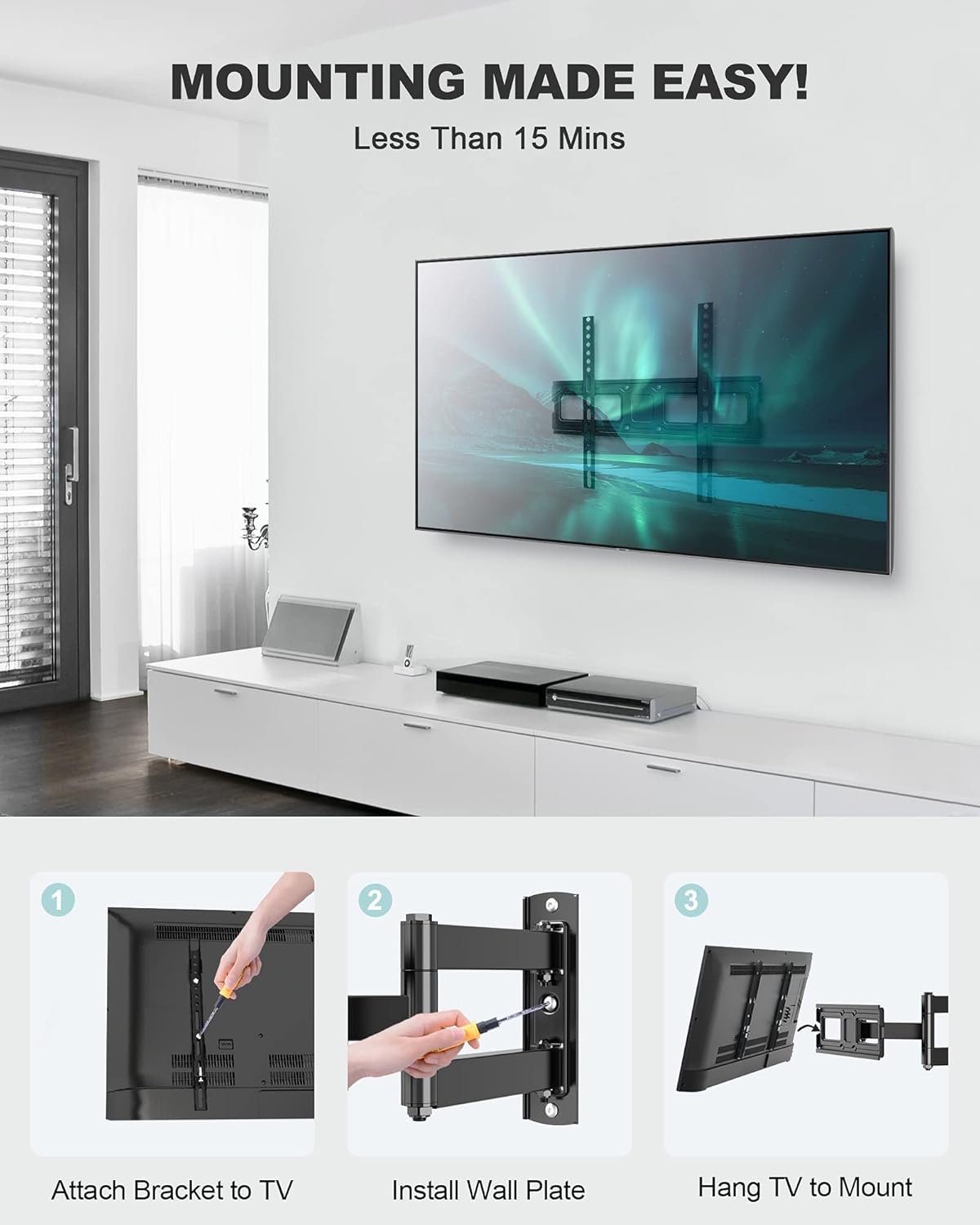 Full Motion TV Wall Mount, Heavy Duty Single Articulating Arms TV Bracket for Most 32-55 Inch Flat Curved TVs, Up to VESA 400x400mm and 77lbs, Support Swivel, Tilt, Level Adjustment