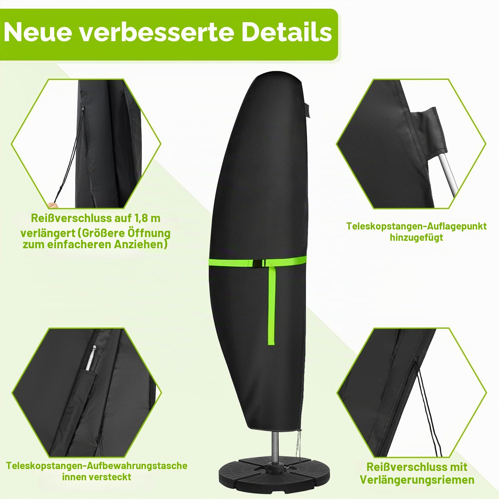 GEMITTO Sonnenschirm Schutzhülle mit Stab, Ampelschirm Schutzhülle Wasserdicht 280x30x81/46cm Outdoor Sonnenschirm Abdeckung für 2 bis 4m Schirme, 420D Wetterfest Sonnenschutz Winddicht Schirmhülle