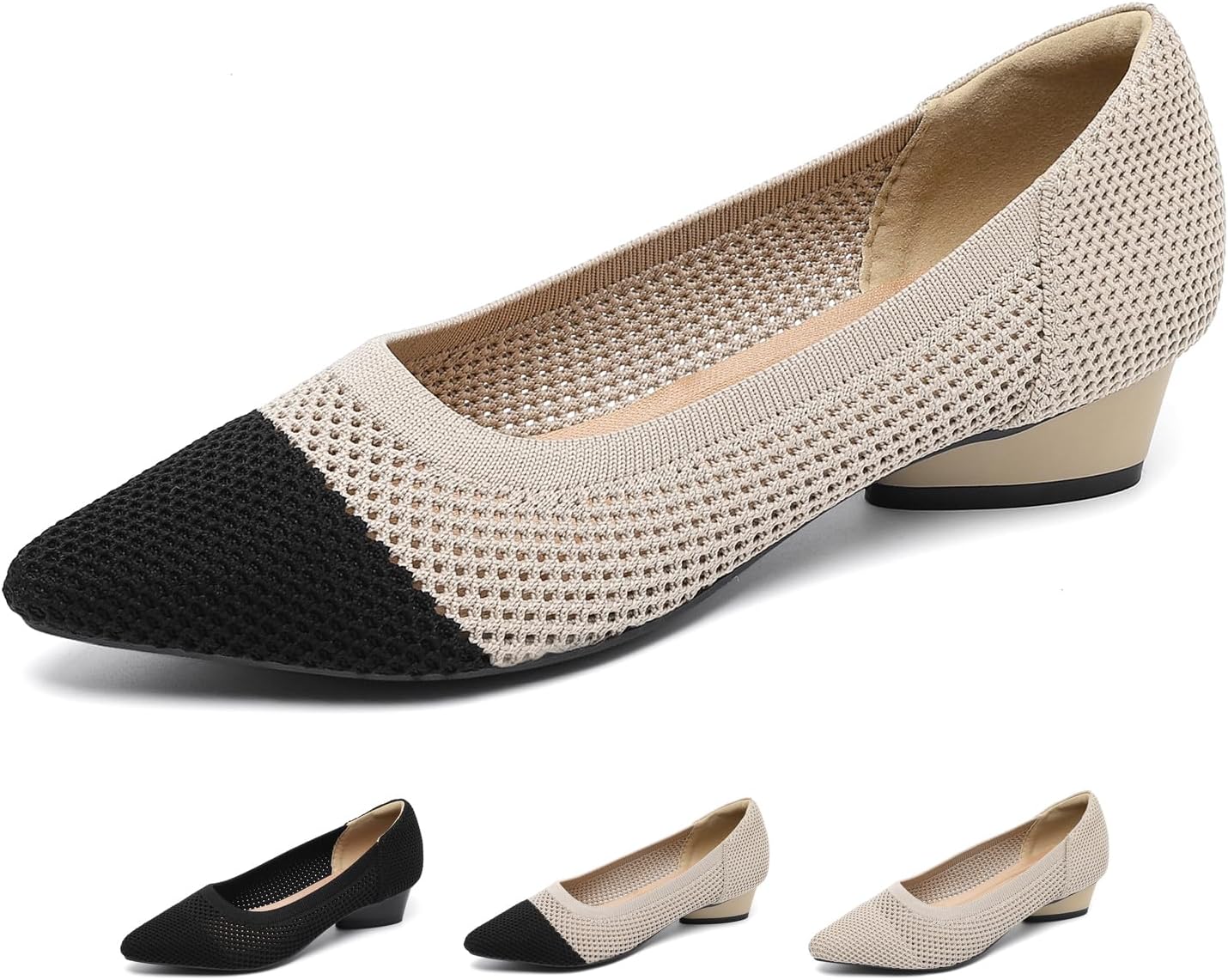 Women's Knit Pointed Toe Low Chunky Heel Pumps Fashion Mesh Hollow Shallow Mouth Slip On Low Heel Ballet Shoes Comfortable Breathable Casual Office Wedding Formal Dress Shoes