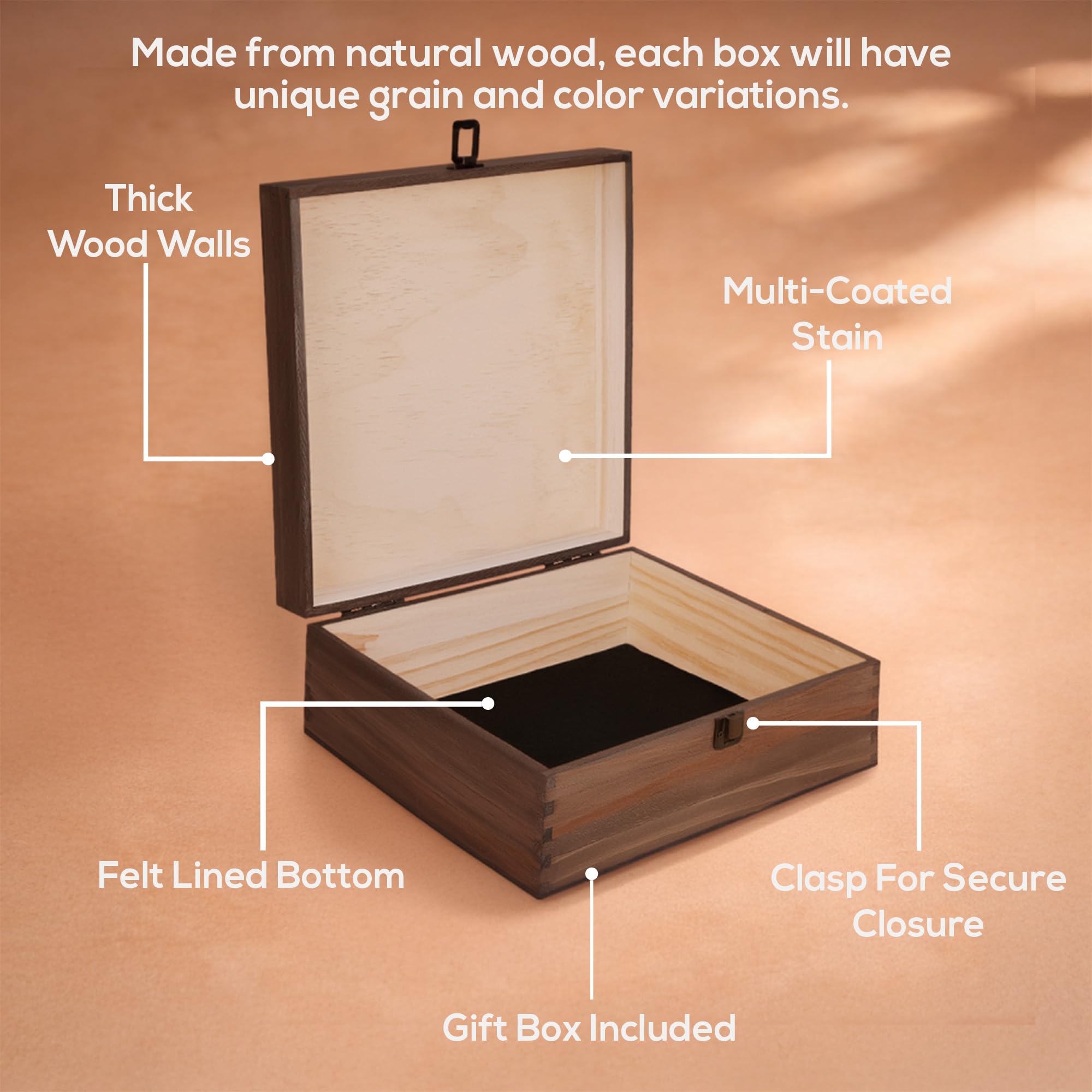 makerflo Caja de recuerdos grande de madera de nogal oscuro (paquete de 1) con bisagras con cierre, fieltro negro en el interior, caja de madera de recuerdo ideal para manualidades y personalización