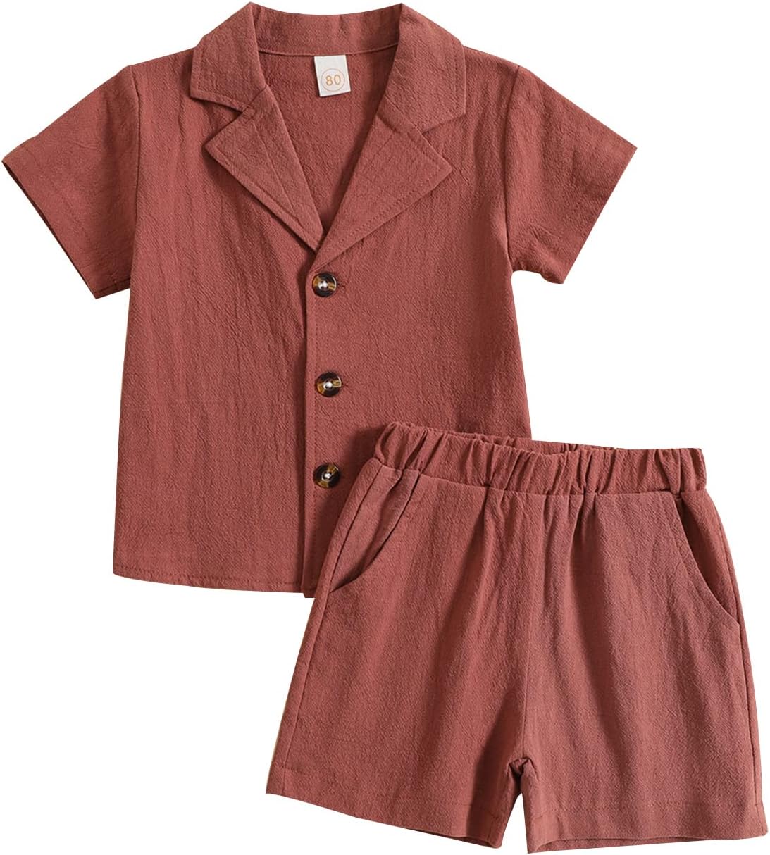 MAINESAKA Toddler Baby Girl Boy Cotton Linen Outfits 2Pcs Short Sleeve Button Down Shirt Casual Shorts Summer Lounge Set (A-Brick Red, 3-4 Years)
