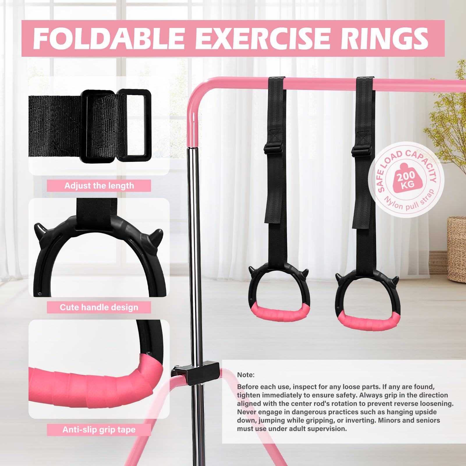 Barra de Gimnasia para Niños Plegable: Barra Horizontal Ajustable en Altura 91-132 cm con Anillas - Equipo de Gimnasia para Casa, Interior Exterior para Niños y Niñas