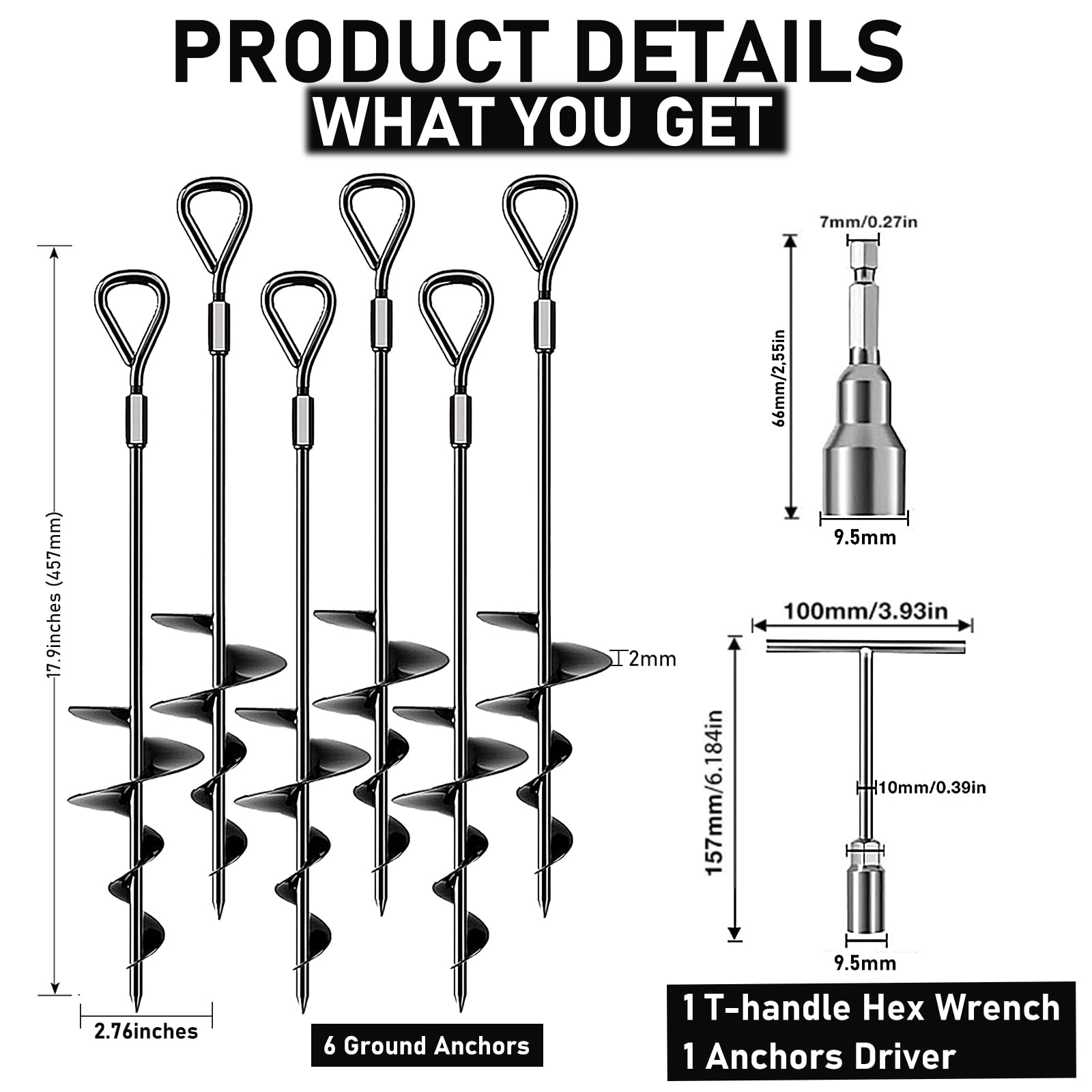 Lot de 6 piquets de tente en métal robuste de 45 cm de haut pour trampolines pour balançoire, abri d'auto pour chien, auvent, kit d'ancrage pour maison mobile