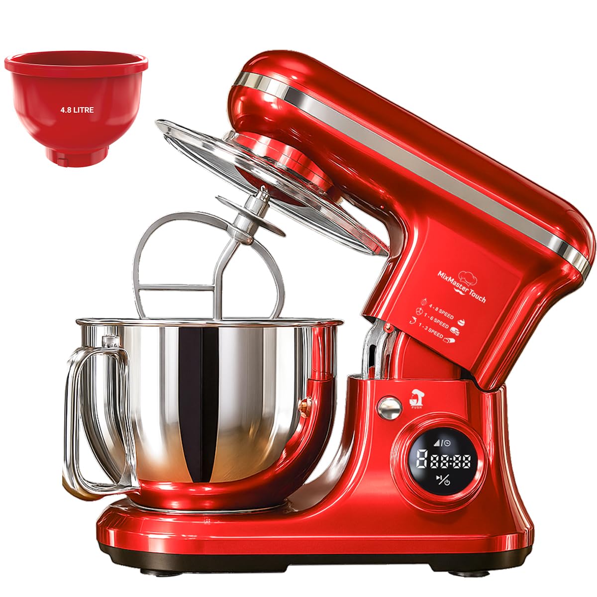 INALSA Professional Stand Mixer-Heavy Duty 1600 Watt Pure Copper Motor| 5.4L SS Bowl & 4.8 L Bowl|Touch Control with Digital Display|Includes Whisking Cone, Mixing Beater & Dough Hook, MixMaster Touch-image-2