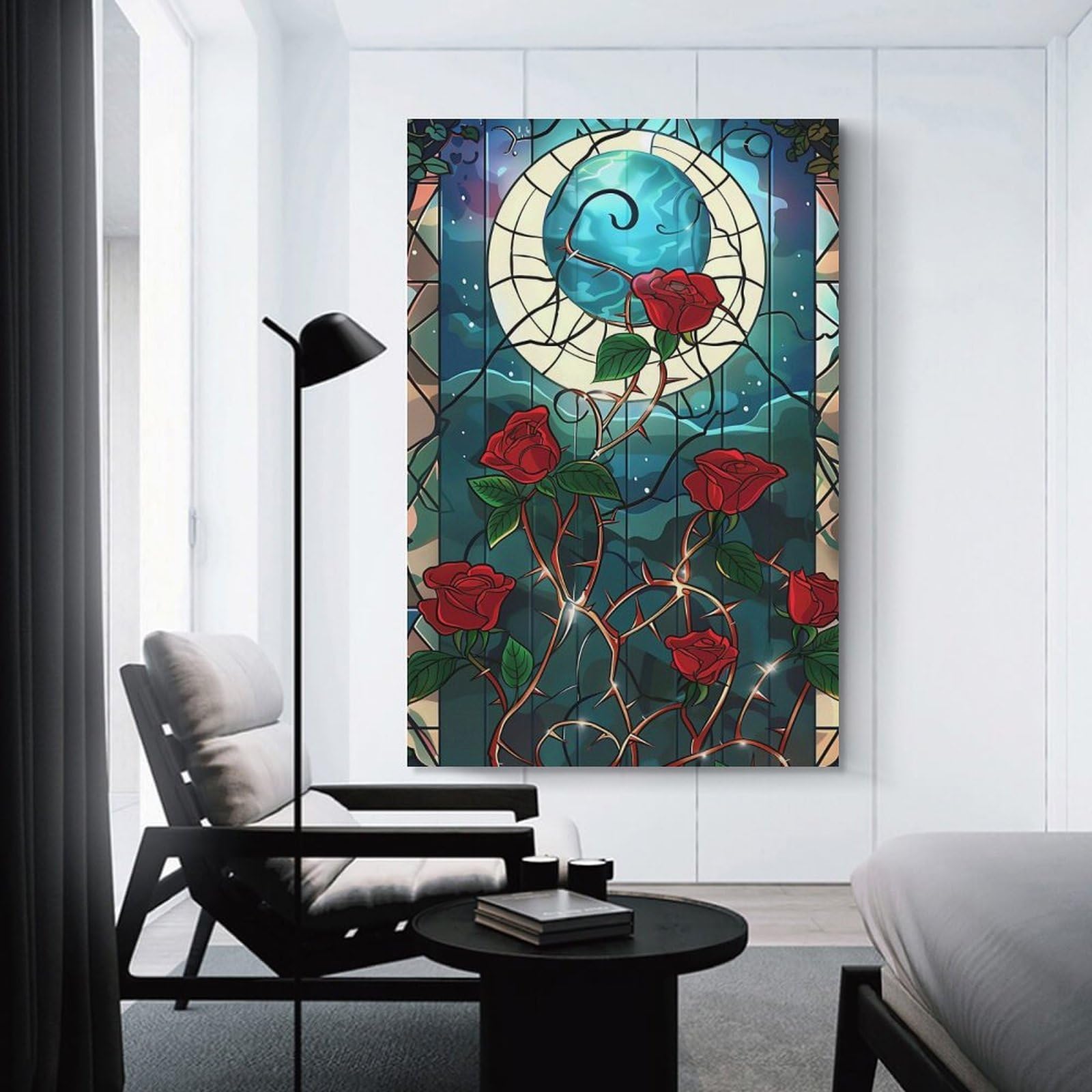 Junmoney Stained Glass Roses with Moon Hanging Wall Art, 16x24inch(40x60cm), for New Homes, Bedrooms Or Workspaces, Thoughtful Wall Decor for Art Lovers
