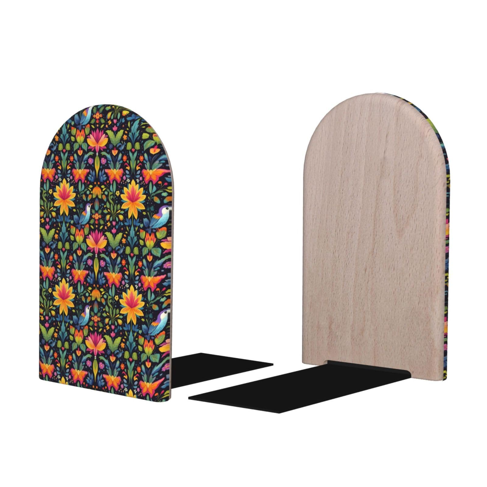 Colorful Pattern Bird Print BookEnds 1 Pair, Decorative Bookends for Heavy Books, Wood Book Ends for Shelves, Book Organizer for Home Desk Office Supplies