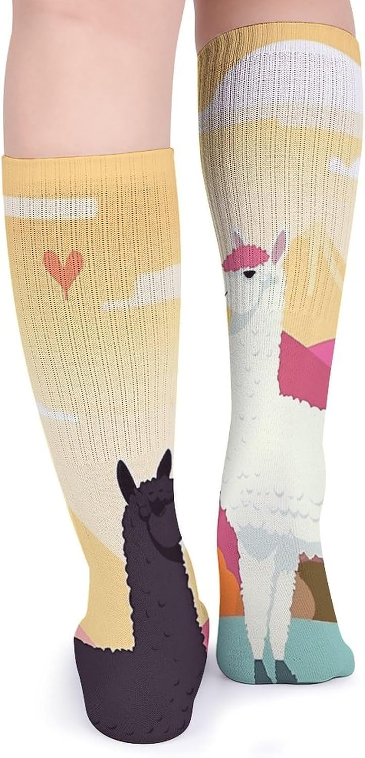 Breathable Crew Sock, Moisture Wicking, Athletic Calf Socks, Cozy | Alpacas in Love in The Mountains Compression Socks for Women Men, Lightweight High Work Socks for Business, Casual