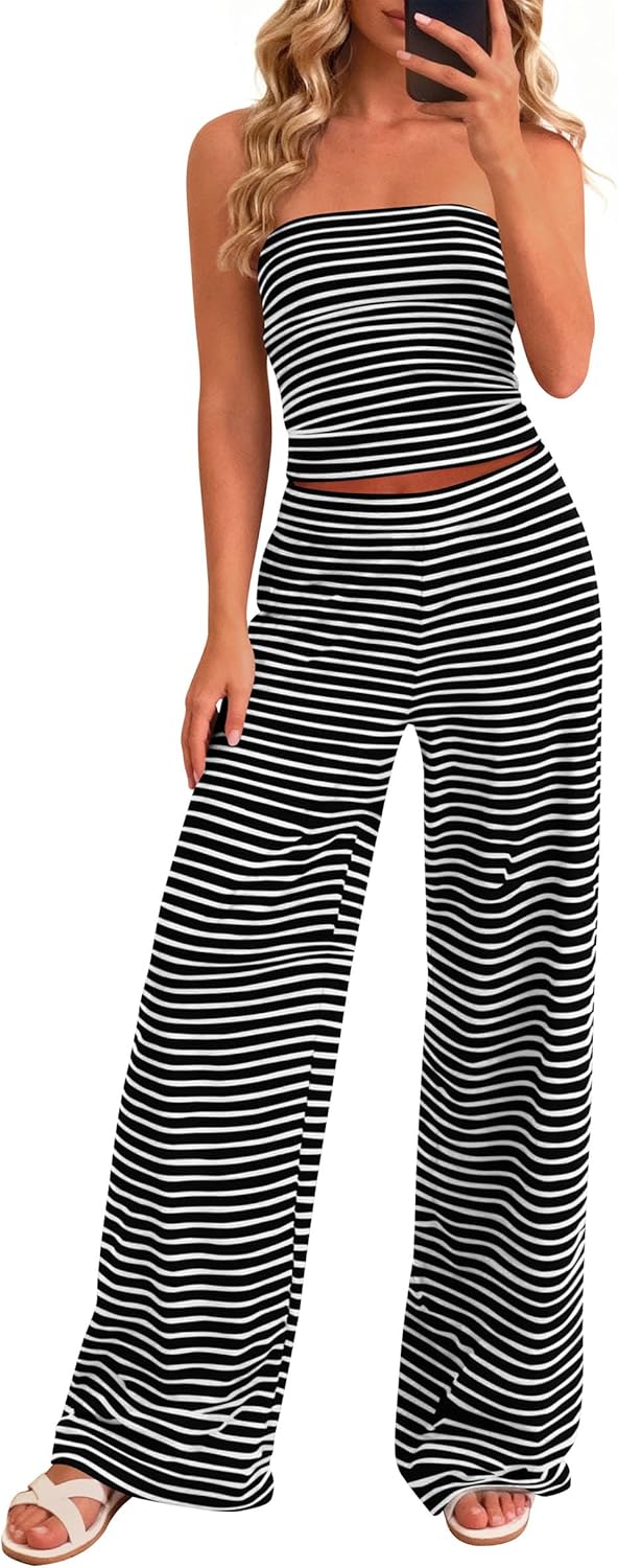 PRETTYGARDEN Two Piece Striped Sets for Women Summer Travel Outfits 2026 Spring Y2K Going Out Vacation Clothes Loungewear