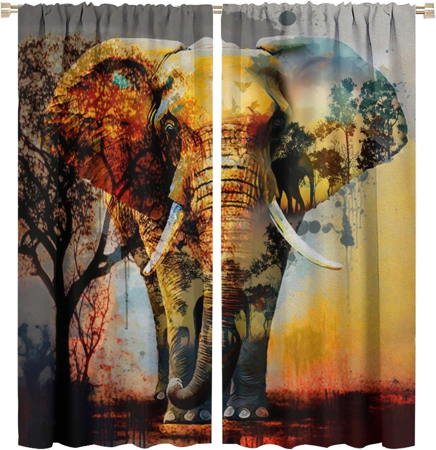 Rustic African Wildlife Elephant Curtains for Living Room, Abstract Modern Art Nature Landscape Animal Silhouette Sunset Tree Rod Pocket Thermal Insulated,Window Curtains 2 Panels 72"L x 31.5"W