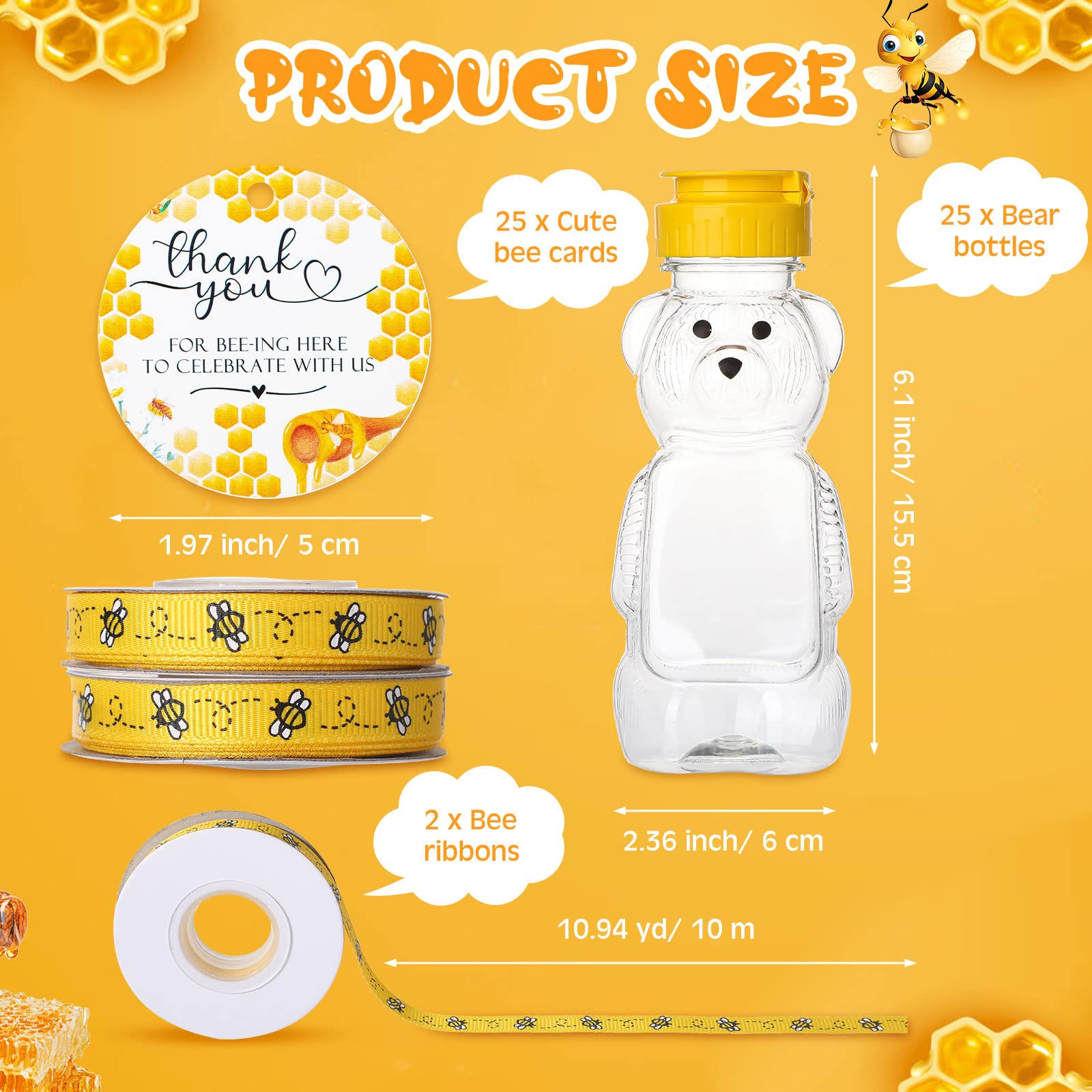 Bear Honey Bottle Sets Including 25 Plastic Empty Honey Bottles 25 Honey Dipper Sticks Wooden Honey Mixing Stirrer 25 Thank You Cards 2 Decorative Ribbons for Guests Baby Shower Party Favors