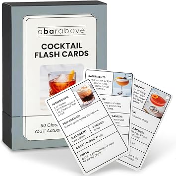 A Bar Above Cocktail Flash Cards, Deck of Drink Recipes, Beginner to Pro | Step by Step Ingredient Ratios and Garnish Notes, Home Bartender Guide, Mixology Learning Companion, Party Game, Bar Favorite