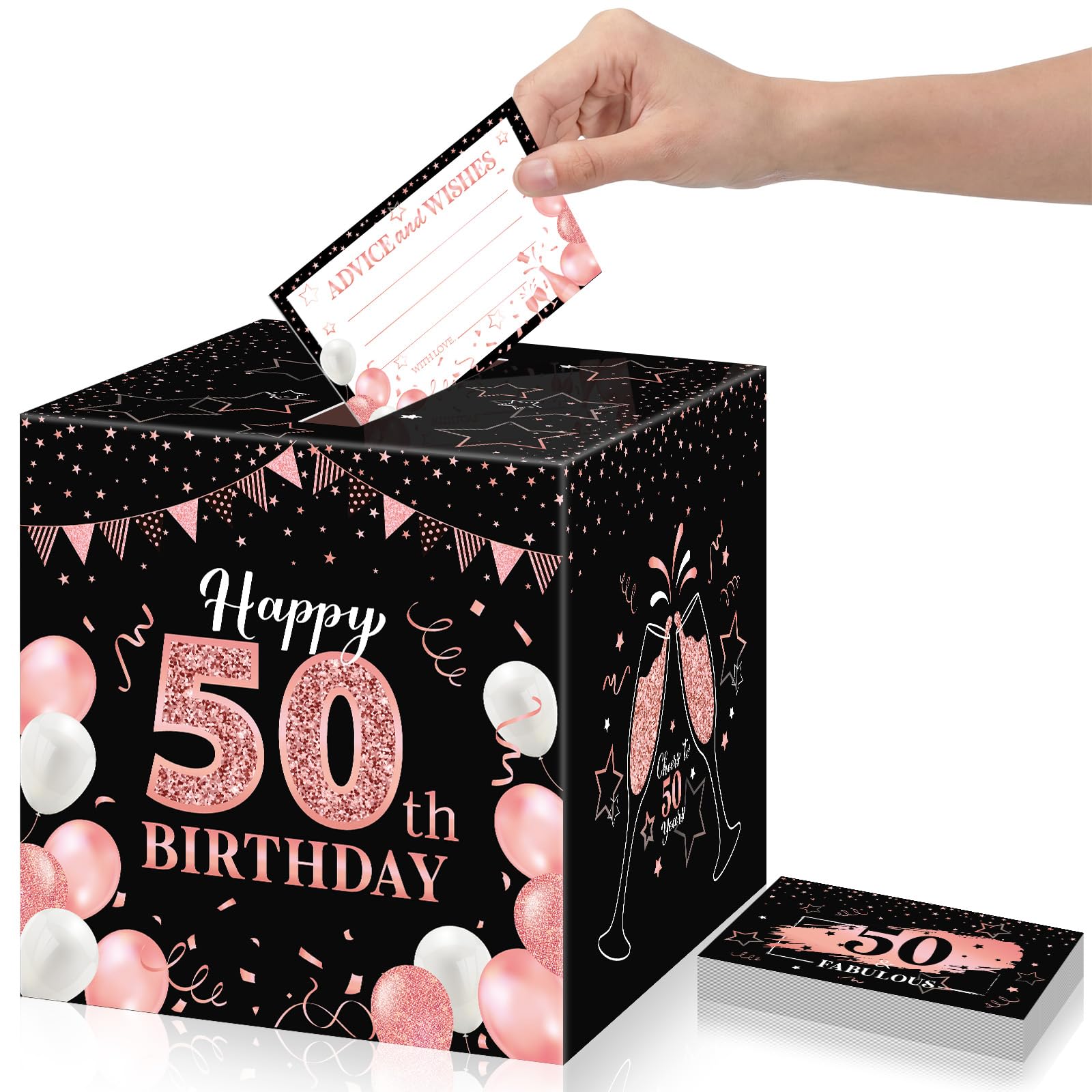 Funrous 50th Birthday Party Message Card Box Cheers to 50 Years Black Rose Gold Advice and Wishes Greeting Card Box for Men Women Birthday Decorations Party Supplies Anniversary Tables Sign Decor