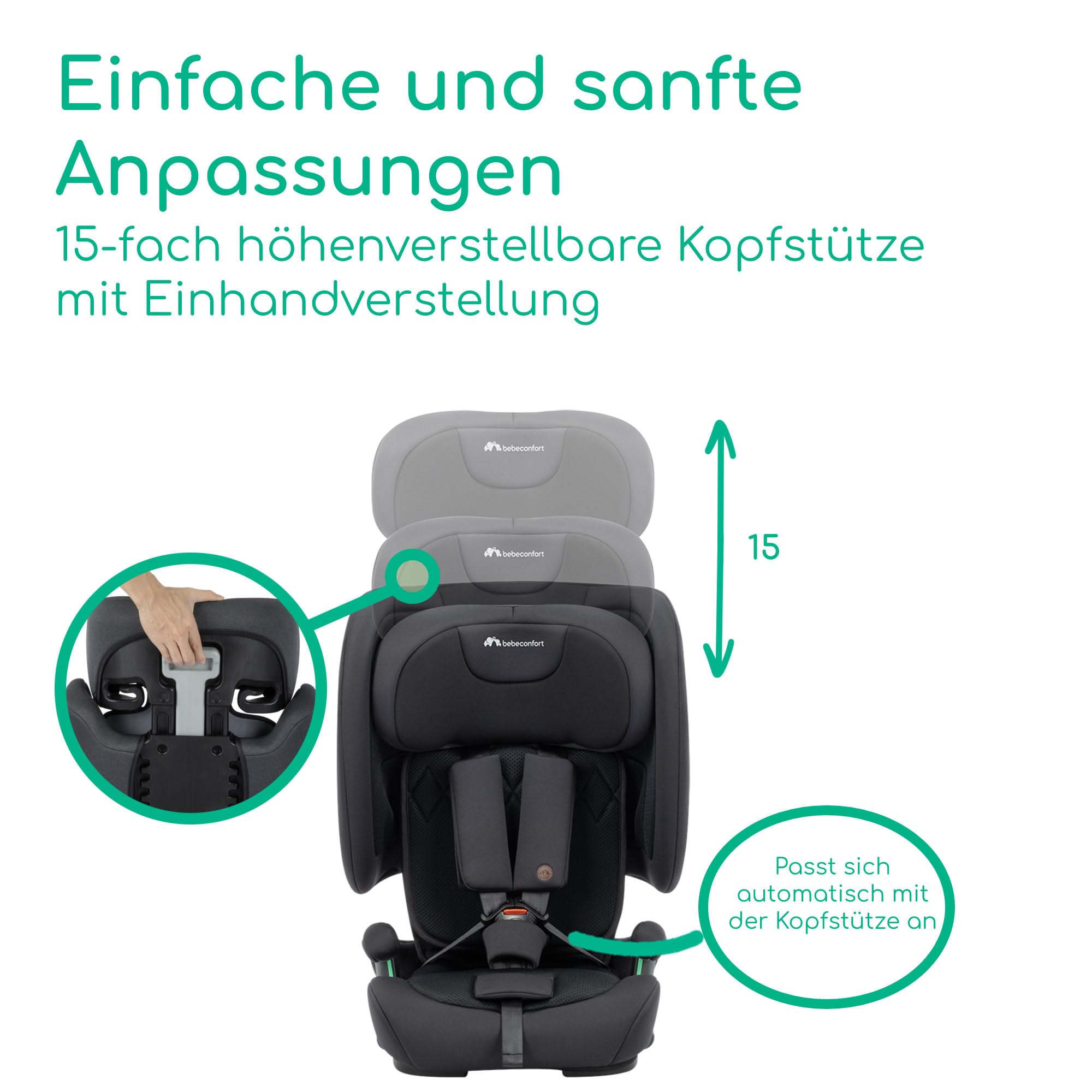Bebeconfort Ever & Go i-Size, Mitwachsender Kindersitz 9-36 kg, 15 Mon. bis 12 J., 76-150 cm, Klappbarer Kinderautositz, Kompakt + Leicht (6 kg), 15 Kopfstützenpositionen, Full Black