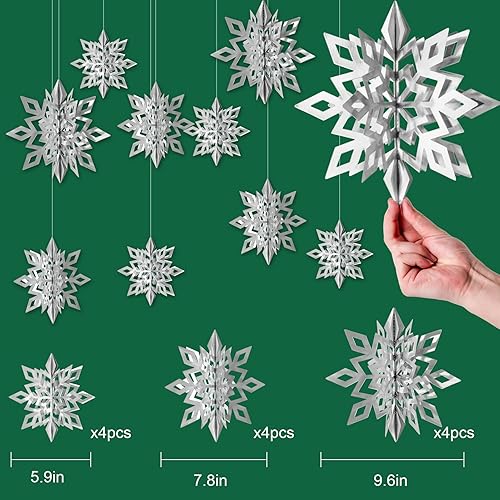 Miniatura 2 de Decoraciones colgantes de copos de nieve de Navidad, 12 unidades, adornos colgantes de copos de nieve plateados grandes en 3D, guirnalda para