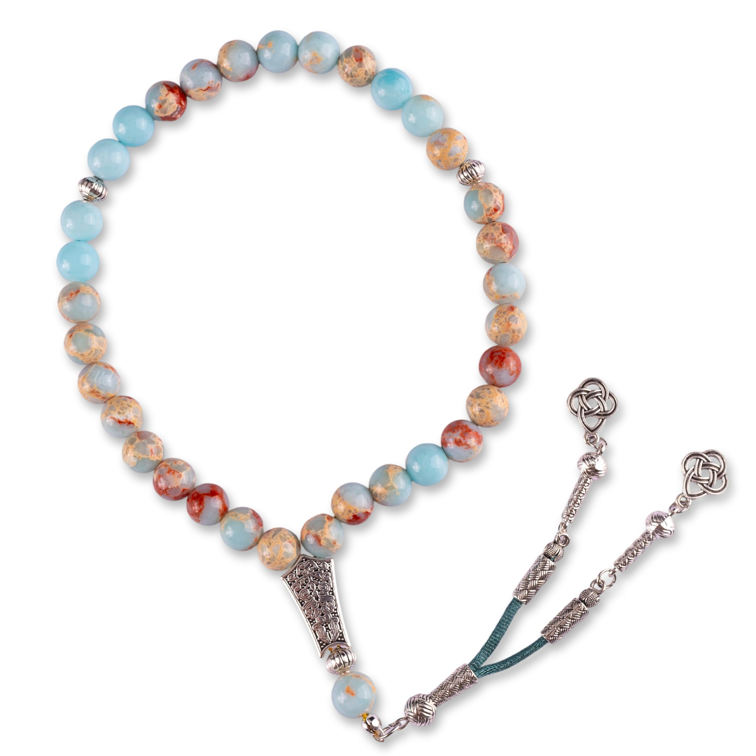 Synthetic Shoushan Stone Tasbih – 33 Multicolor Prayer Beads with Silver Tassel & Moon Gift Box – Islamic Zikr Beads for Eid or Umrah