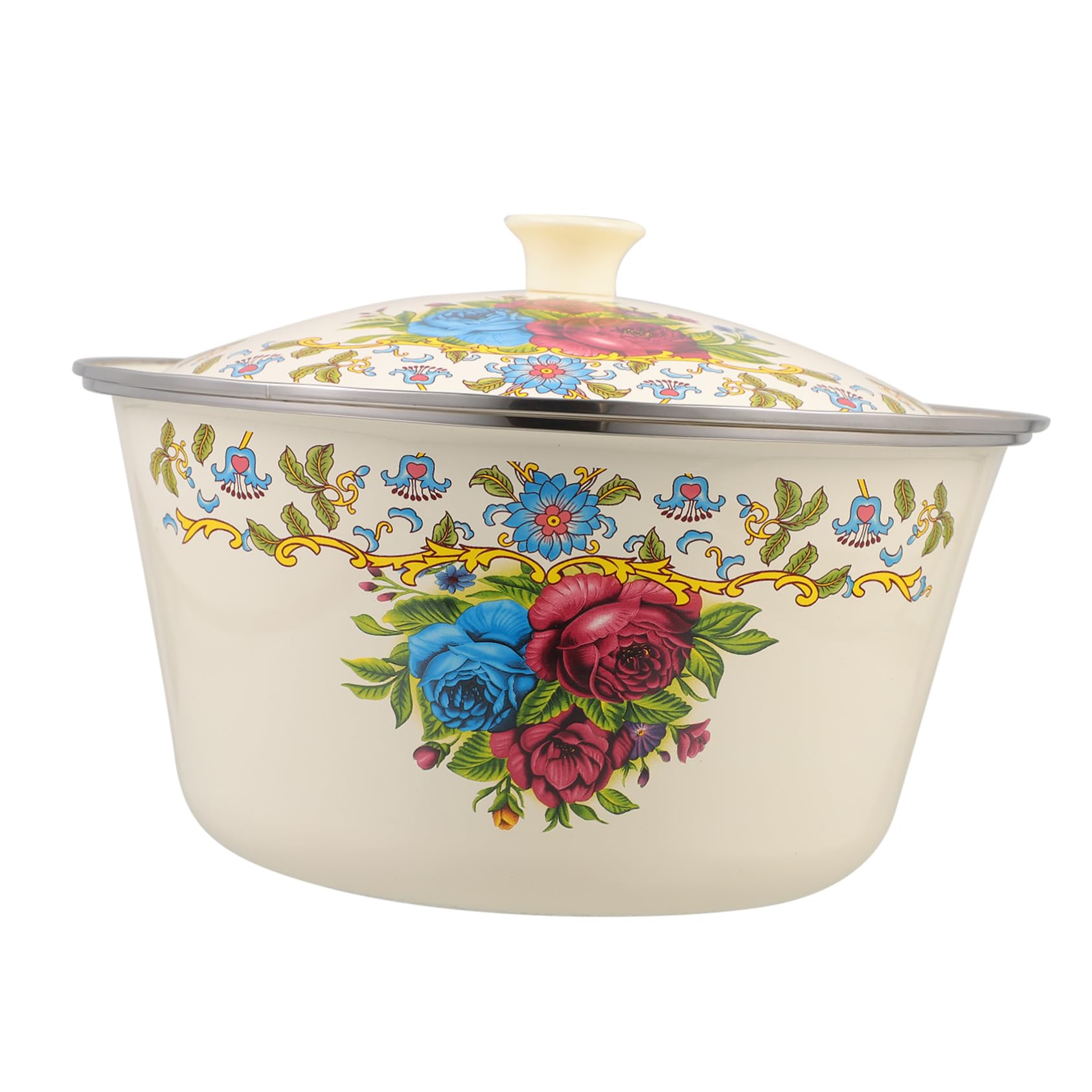 Angoily Groß Email Bowl Emailware Suppenschüssel: Emaille Mischschüssel mit Deckel e Dekorative Camping Lebensmittelzubereitung Öl Lagerung CAN 26 Cm