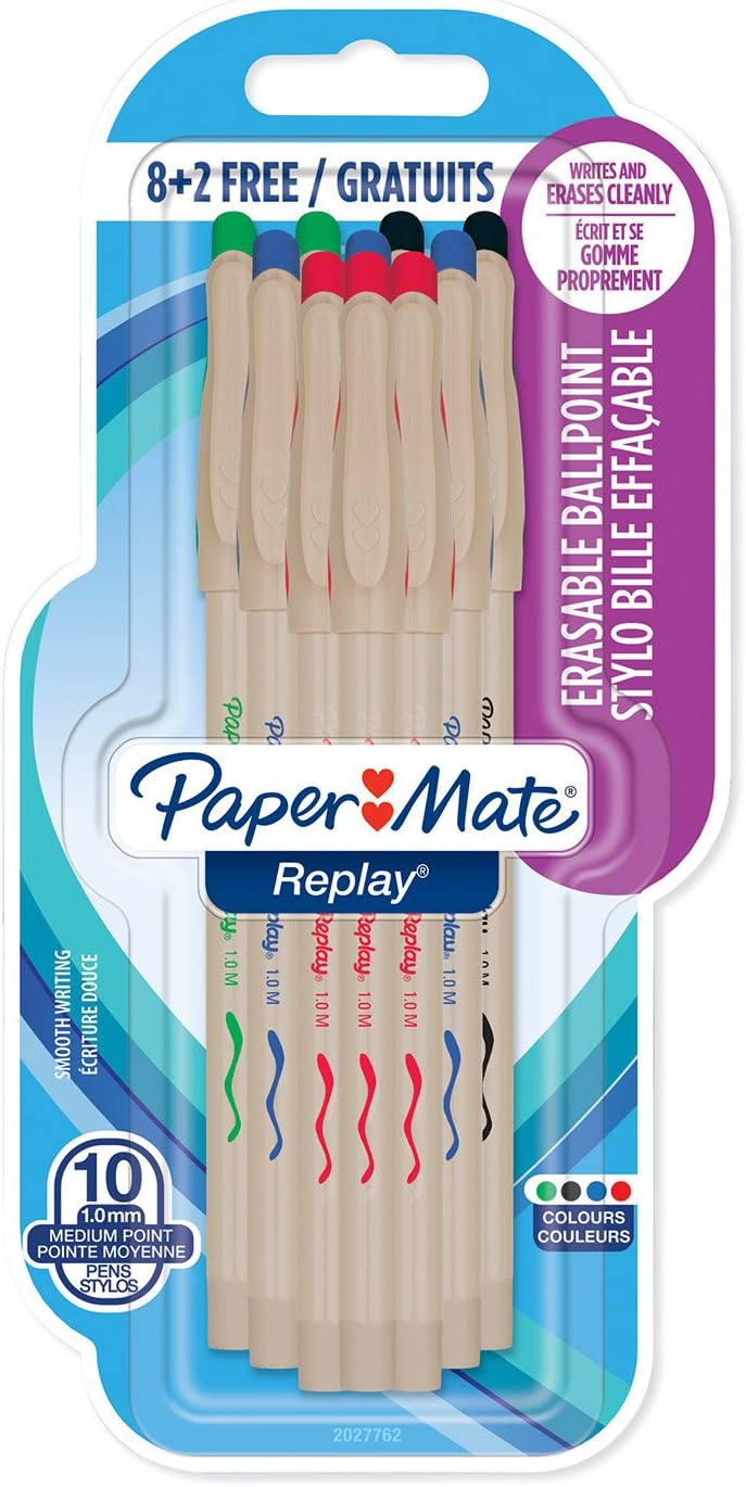 Paper Mate2027762, 1.0 mm Replay Erasable Ballpoint Pen, Medium Point, Assorted Colors, Pack of 8+2