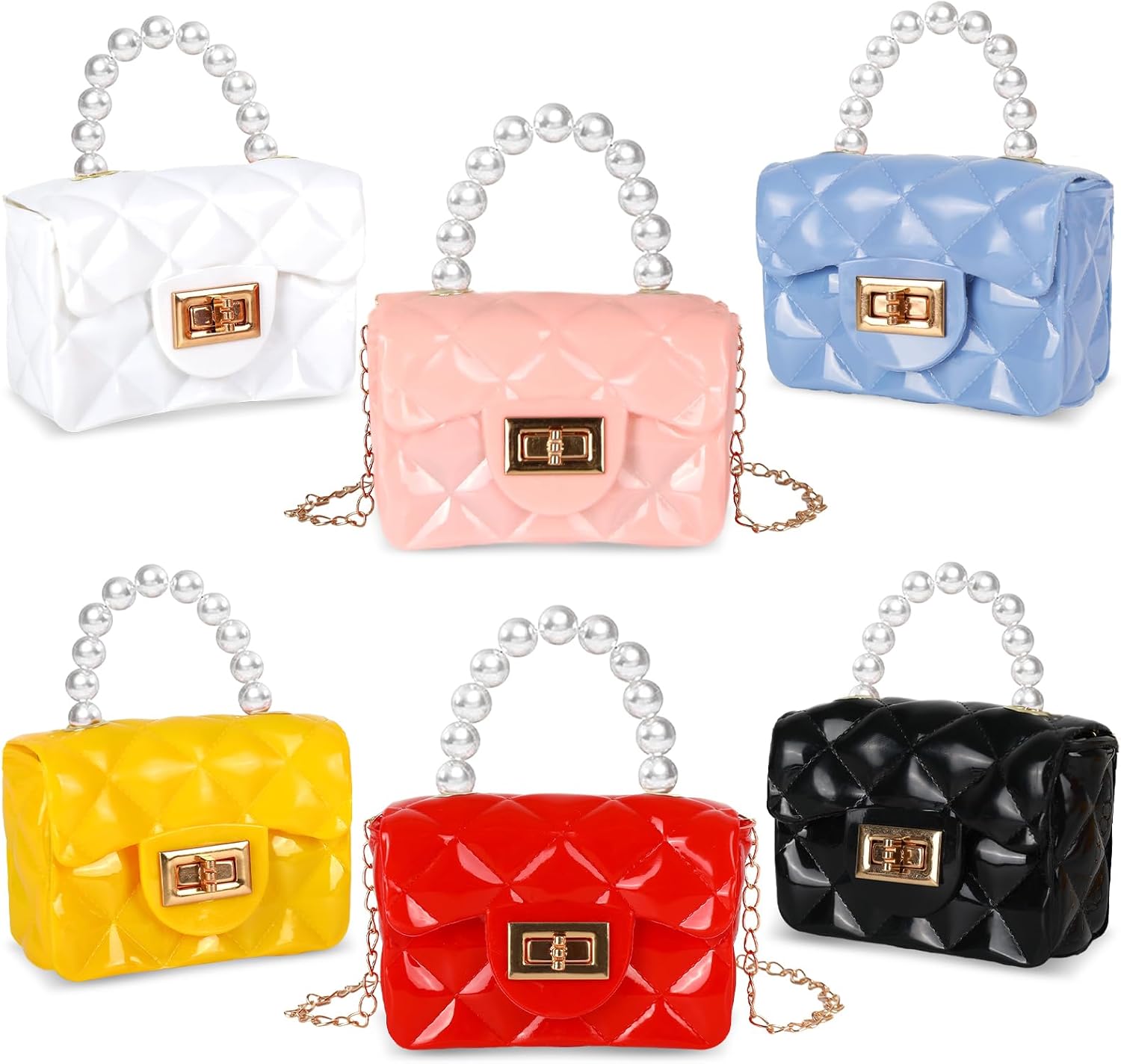 Whaline 6Pcs Mini Purse Small PVC Jelly Crossbody Bag Cute Toddler Princess Handbag with Pearl Handle for Women Girl Bridesmaid Birthday Party Gift Supplies