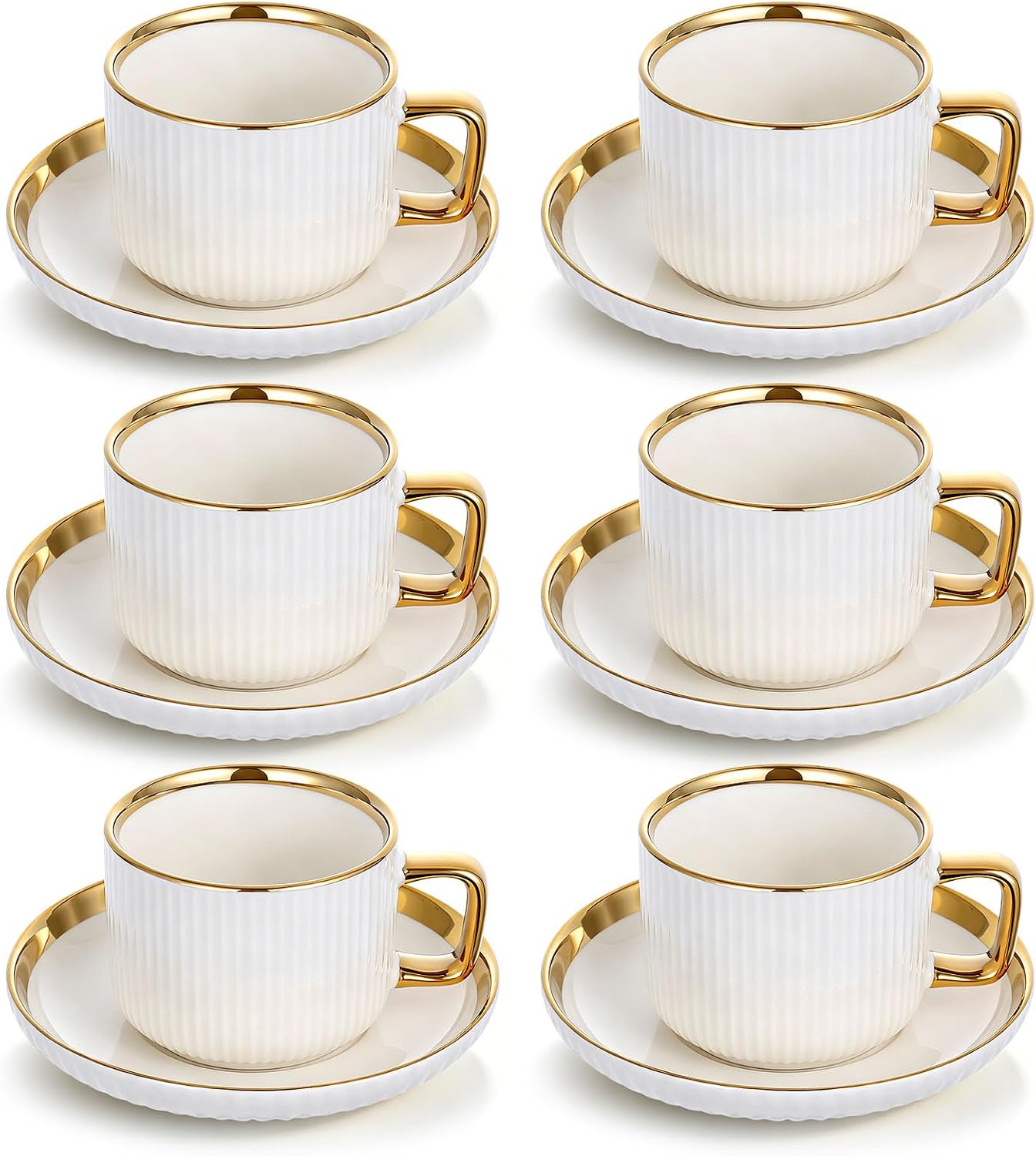 8.5oz Cappuccino Cups with Saucers Set of 6, Ceramic Coffee Cup and Saucer with Gold Rim, Vertical Ribbed Latte Mugs, White Porcelain Tea Cup Set for Wedding, Cafe, Party & Daily Use