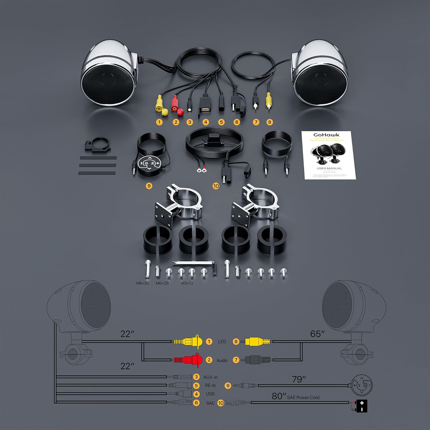 GoHawk AN4-Halo Chrome Speaker System Package Contents and Wiring Diagram