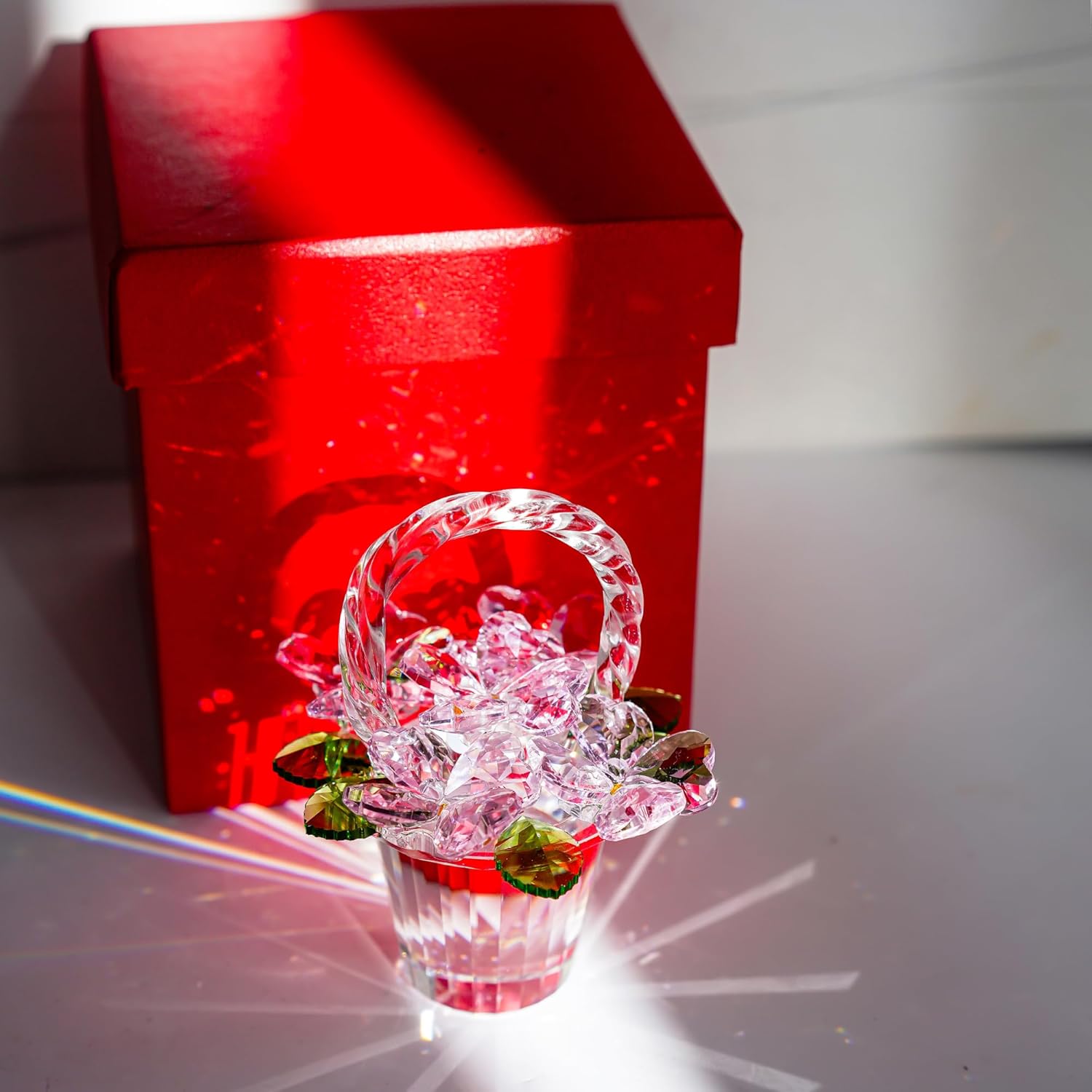 H&D HYALINE & DORA Crystal Pink Flower Basket Figurine,Crystal Gifts for Women, Glass Flower Collectible Figurines for Home Wedding Christmas Decor(with 5 Flowers) - Image 4