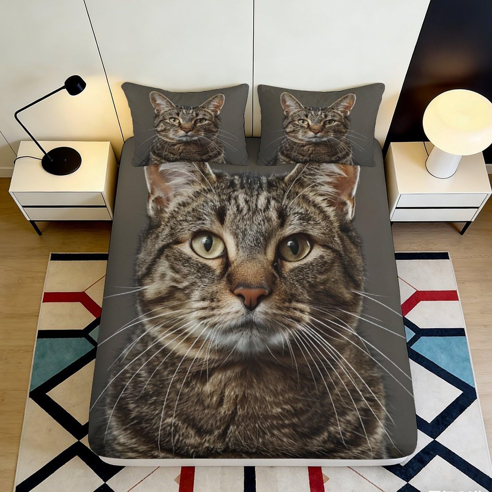 3D Printed Realistic Cat Face Fitted Sheet Microfiber Soft Breathable Tabby Cat Bed Cover for Bedroom Dormitory Guest Room Mattress Protection 200x200x25cm