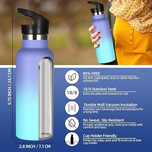 Miniatura 3 de Volhoply Botella de agua aislada para niños de 17 onzas, botellas de agua de acero inoxidable con tapa con pajilla, botella de agua térmica de metal