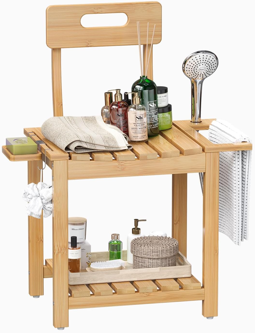 Trironsun 2 Tier Shower Chair with Backrest Bamboo Bath Seat for Inside Shower Waterproof Shower Stool with Storage Shelf Soap Dish Shower Head Holder for Seniors Adults Pregnant (Natural Bamboo)
