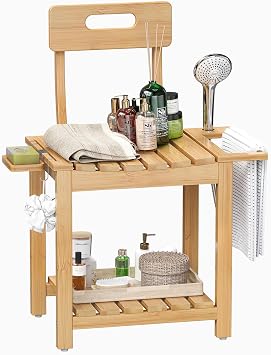 Trironsun 2 Tier Shower Chair with Backrest Bamboo Bath Seat for Inside Shower Waterproof Shower Stool with Storage Shelf Soap Dish Shower Head Holder for Seniors Adults Pregnant Natural Bamboo