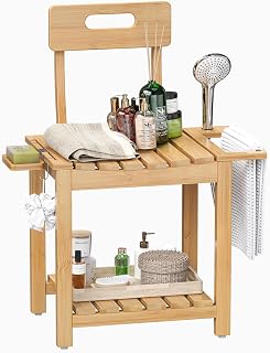 Trironsun 2 Tier Shower Chair with Backrest Bamboo Bath Seat for Inside Shower Waterproof Shower Stool with Storage Shelf Soap Dish Shower Head Holder for Seniors Adults Pregnant (Natural Bamboo)