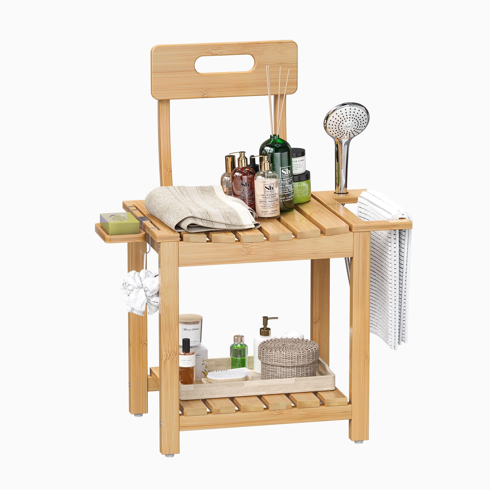 Trironsun Taburete de ducha de bambú con respaldo, asiento de ducha regulable en altura con 2 estantes, banco de ducha impermeable con soporte para jabón y soporte para cabezal de ducha, asiento de