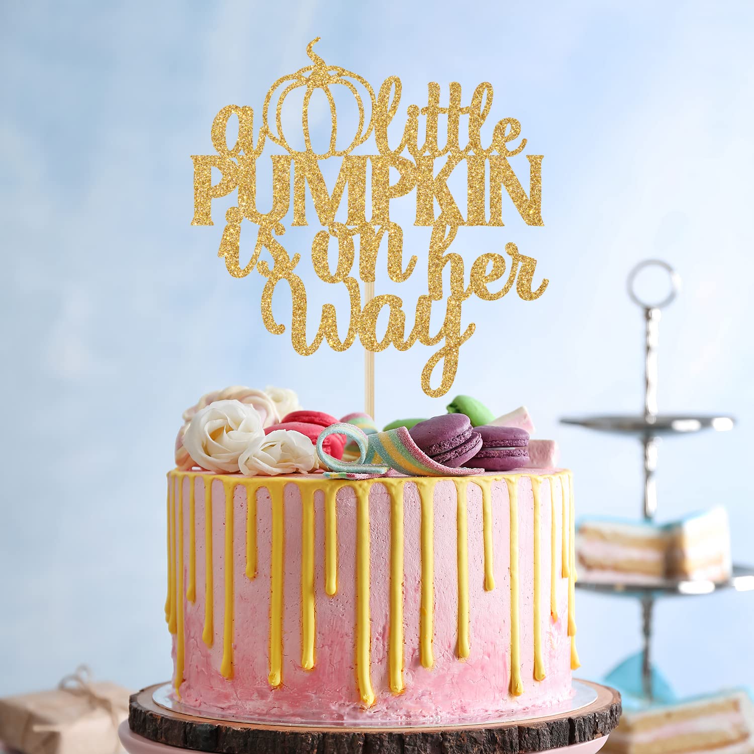 Gold Glitter Pumpkin Cake Topper – “A Little Pumpkin Is On Her Way” Baby Shower Decor, Fall Theme, Pre-Assembled