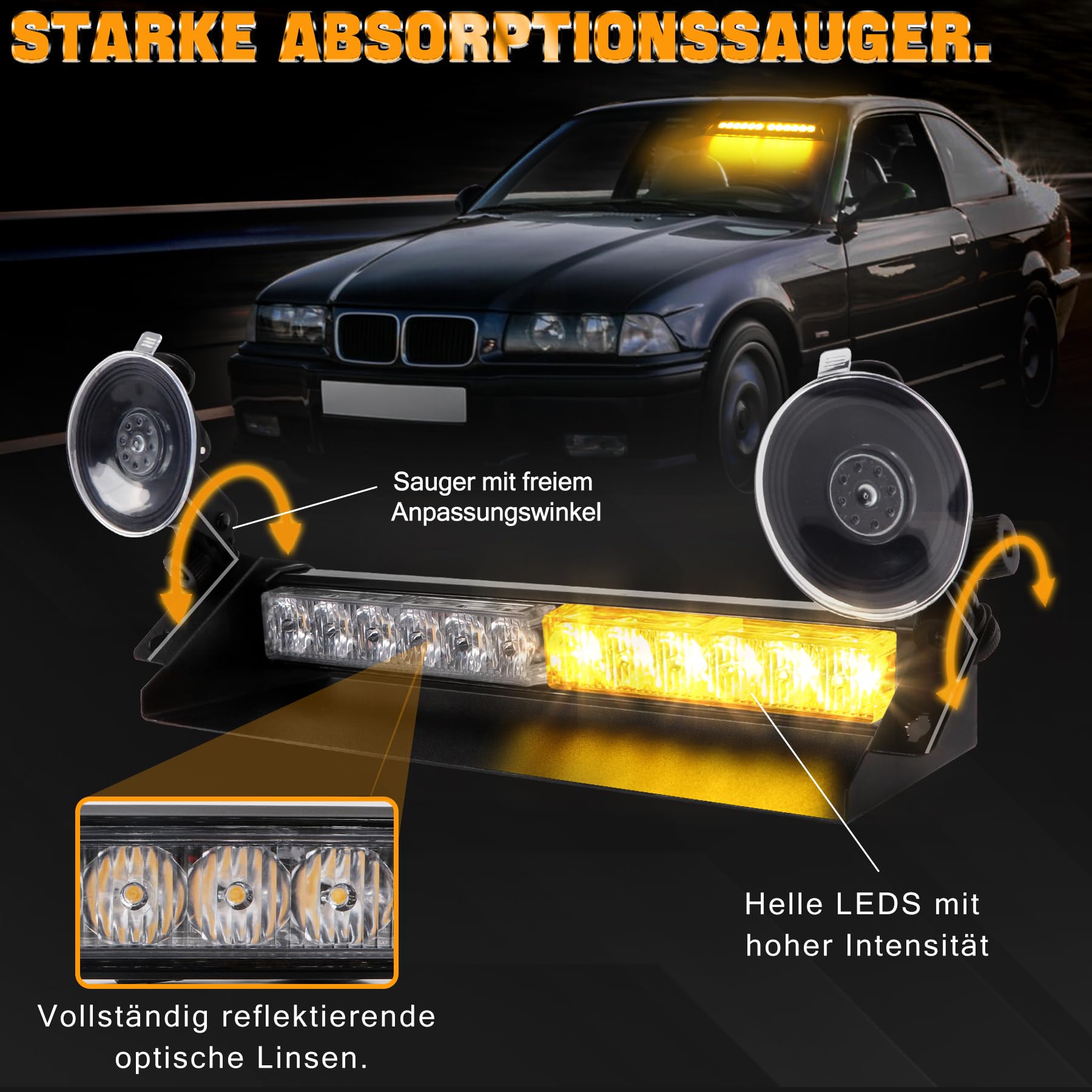 Frontblitzer Warnleuchte 12 LED - 35.6cm 9 Blinkmodi Blitzleuchte, 2 Saugnäpfe Hohe Intensität 12/24V Blinkende Windschutzscheibe Lampe Stroboskopstange für Auto (Gelb)
