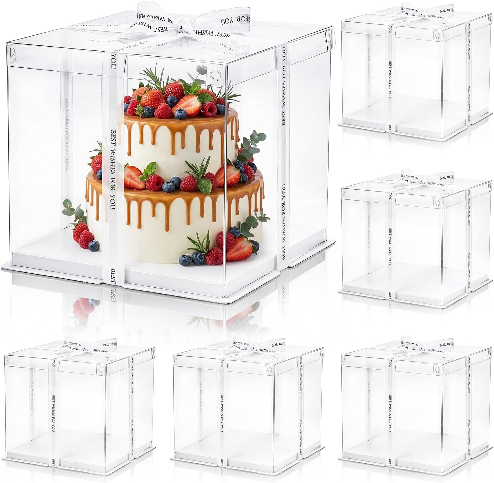 Cididu 6 Pcs Clear Cake Box with Ribbon 2-Layer 10x10x10 Inch, Transparent Cake Carrier Box with Lids, PET Tall Cake Packaging Boxes, Clear Gift Boxes for Mother's Day Birthday Wedding Festival Party
