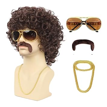 Mens 70s 80s Disco Brown Curly Wig 5pcs Set Wig+ Glasses+ Necklace+ Mustache+ Cap for Rocker Halloween Costume Cosplay