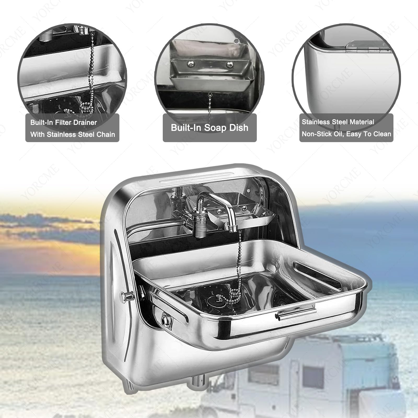 Lavello Pieghevole in Acciaio Inox per Camper - Vasca Singola Quadrata con Rubinetto Curvo per roulotte, Camper e Yacht - Lavamani da Cucina Resistente e antiruggine