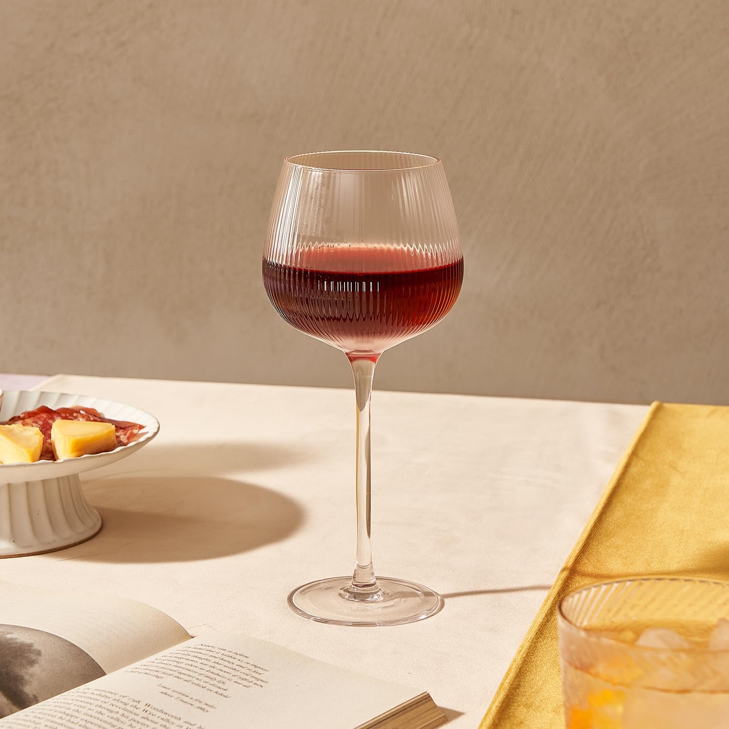 mopio Mellow Fluted Wine Glasses Set of 4, 14 oz, Dishwasher Safe, Elegant Barware for Wedding, Party and Brunch, Classic & Everyday Drinkware in Eco-Friendly Packaging, Soda-Lime Glass (Clear)