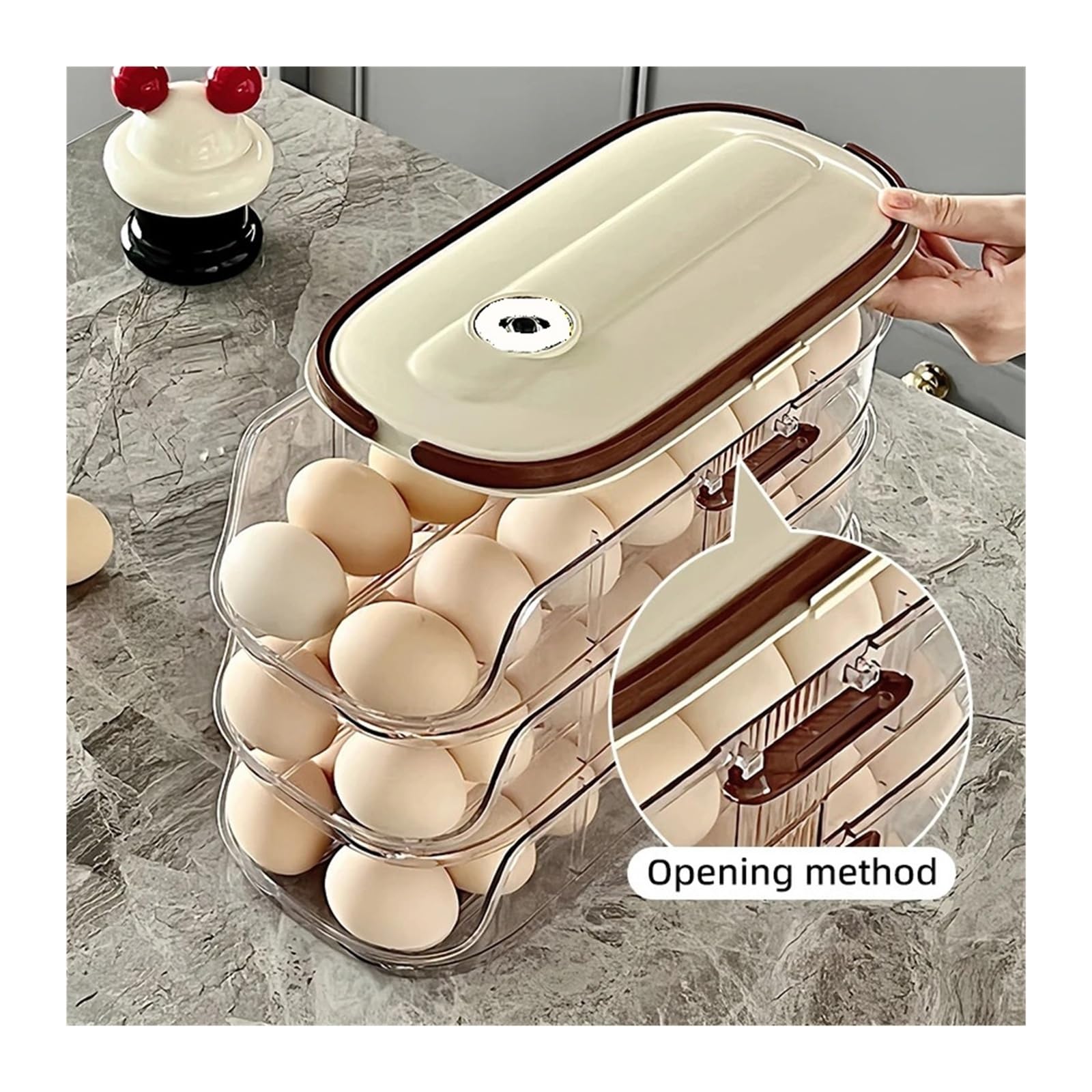 Soporte grande para huevos para nevera, organizador automático de plástico transparente, dispensador de huevos apilable y contenedor de almacenamiento (M)