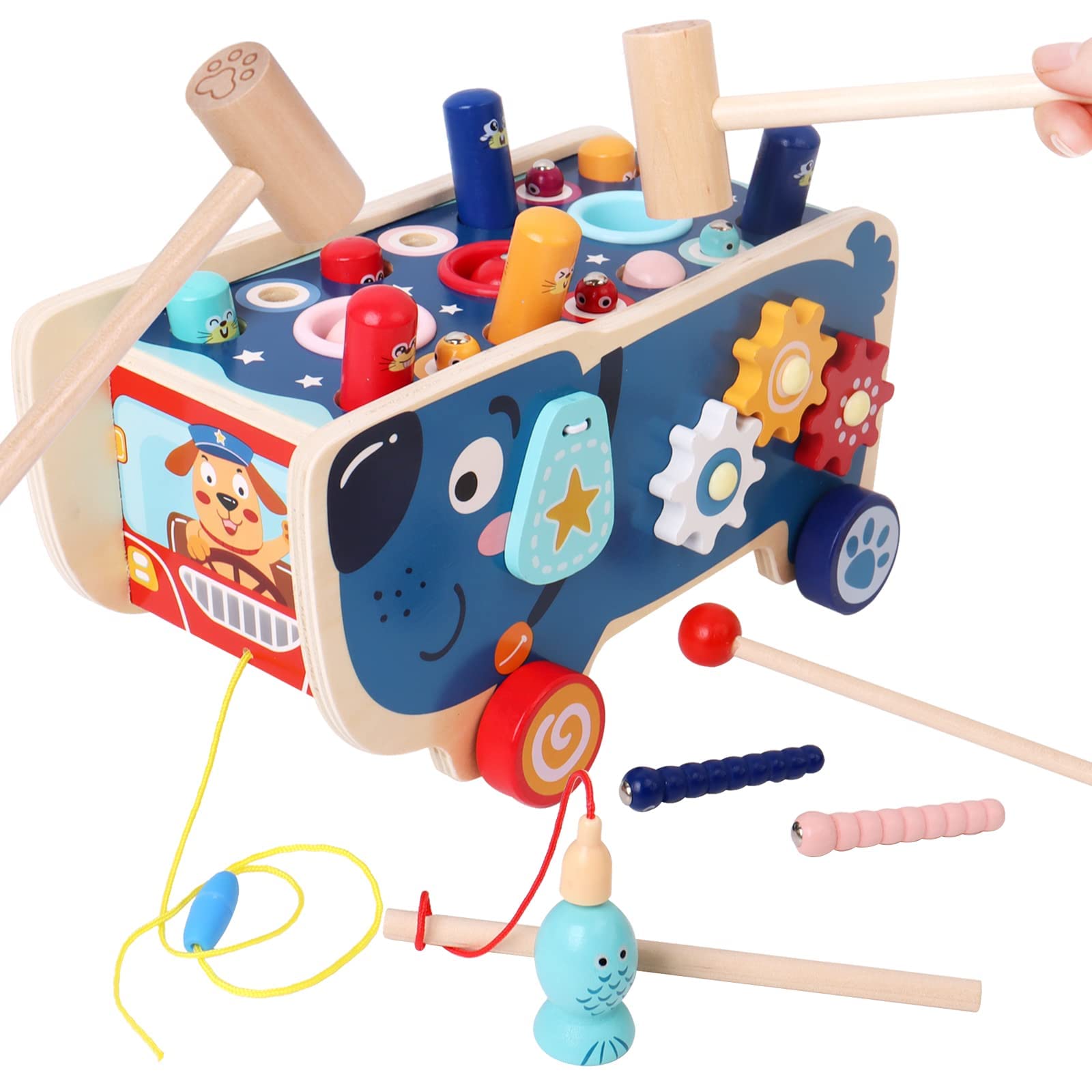 PYEBE Puppy Multifunctional Hammer car, Baby and Toddler Xylophone Gear Toy, Montessori Wooden Toys for Children Over 1 Year Old, Gifts for Boys and Girls