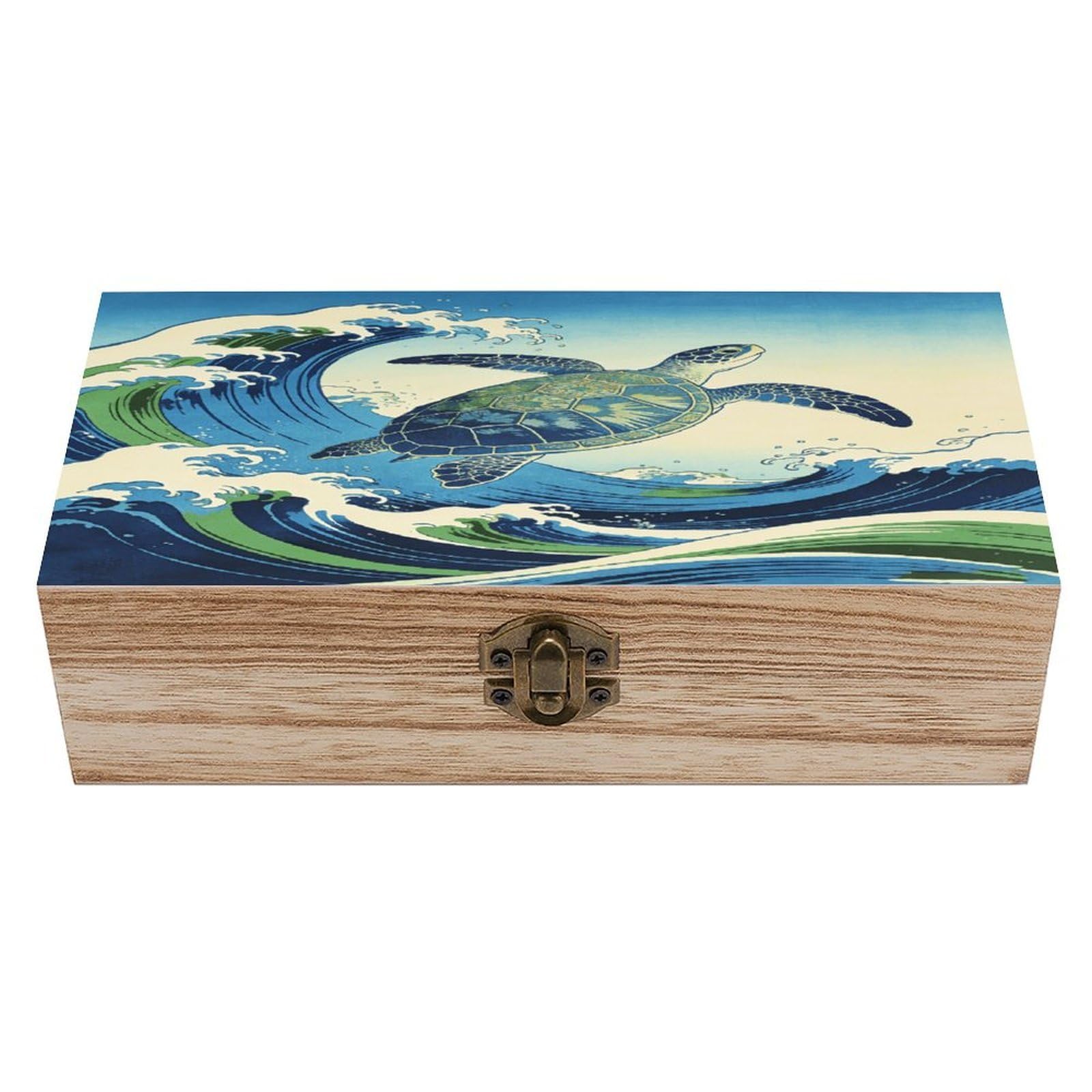 LZQPOEAS Japanese Waves And Turtles Wooden Keepsake Box Wooden Storage Box Container with Hinged Lid Beautiful Wood Memory Box Decorative Jewelry Case for Crafts Art Hobbies & Trinket Storage