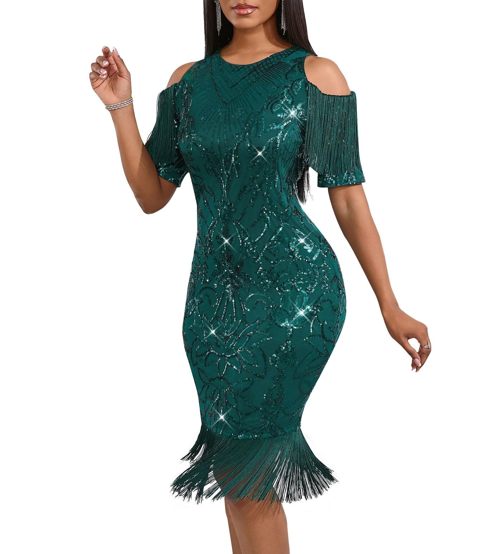 Cololura Elegant Women Sequin Short Sleeve Tassel Bodycon Midi Dress Party Evening Gown Formal Dress