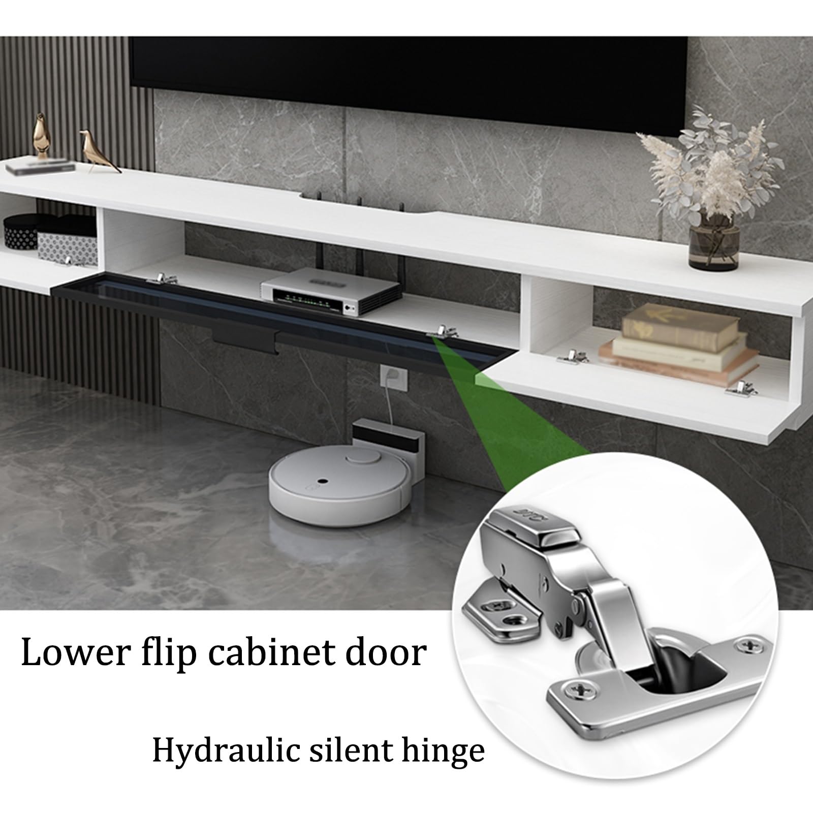 Moderne schwebende TV-Konsolen-Wandhalterung, stilvolles weißes Aufbewahrungsregal mit Rockboard-Design, vielseitiges Hängeregal für Wohnzimmer und Schlafzimmer, schwarzes S-Muster (80 x 23 x 20,4 cm)