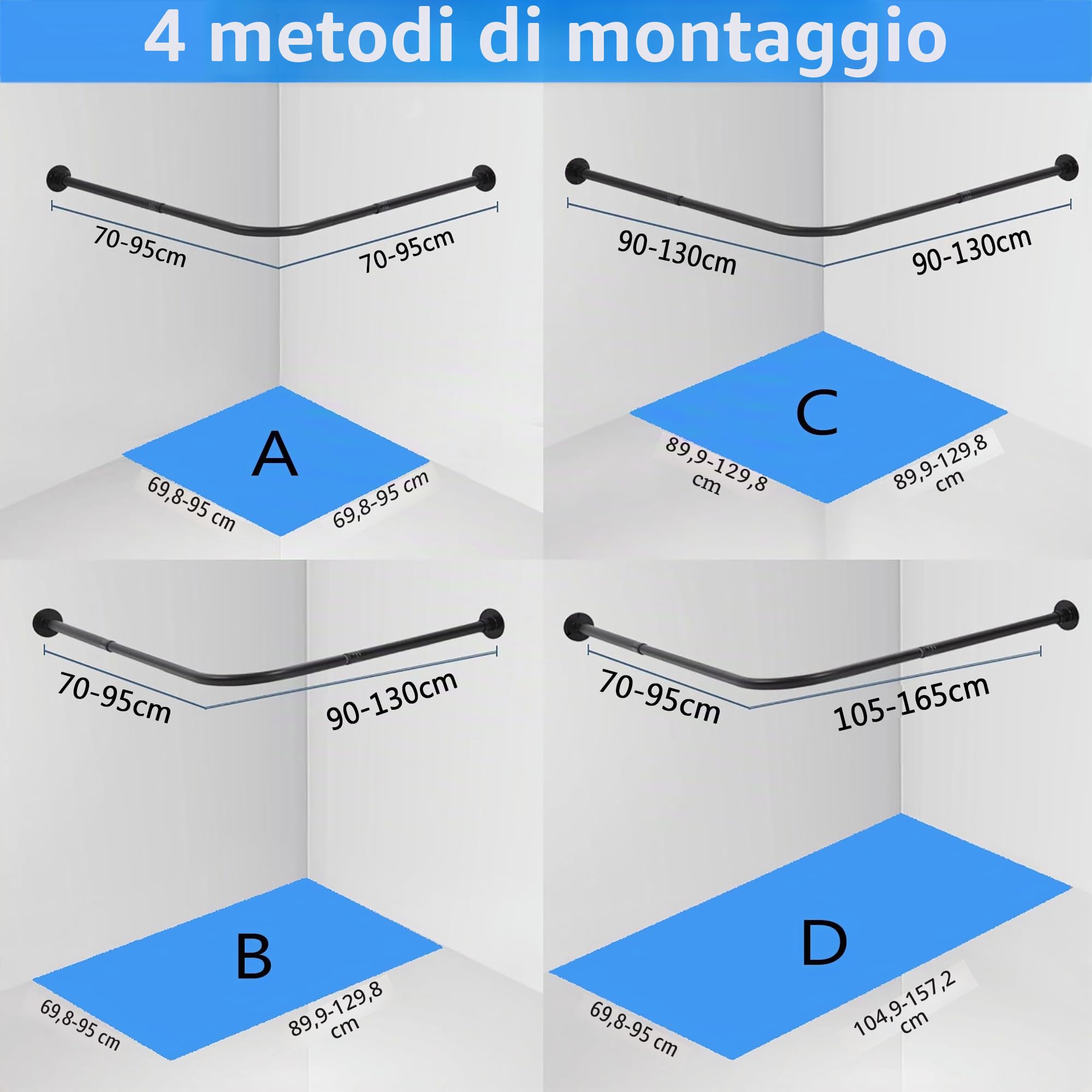 Bastone Tenda Doccia Angolare A Pressione A Forma Di L, Asta per tenda da doccia regolabile e curva in Acciaio Inossidabile, Per Bagno e Spogliatoio (Dimensioni: A 70-95 Cm X 70-95 Cm, Colore: Nero)