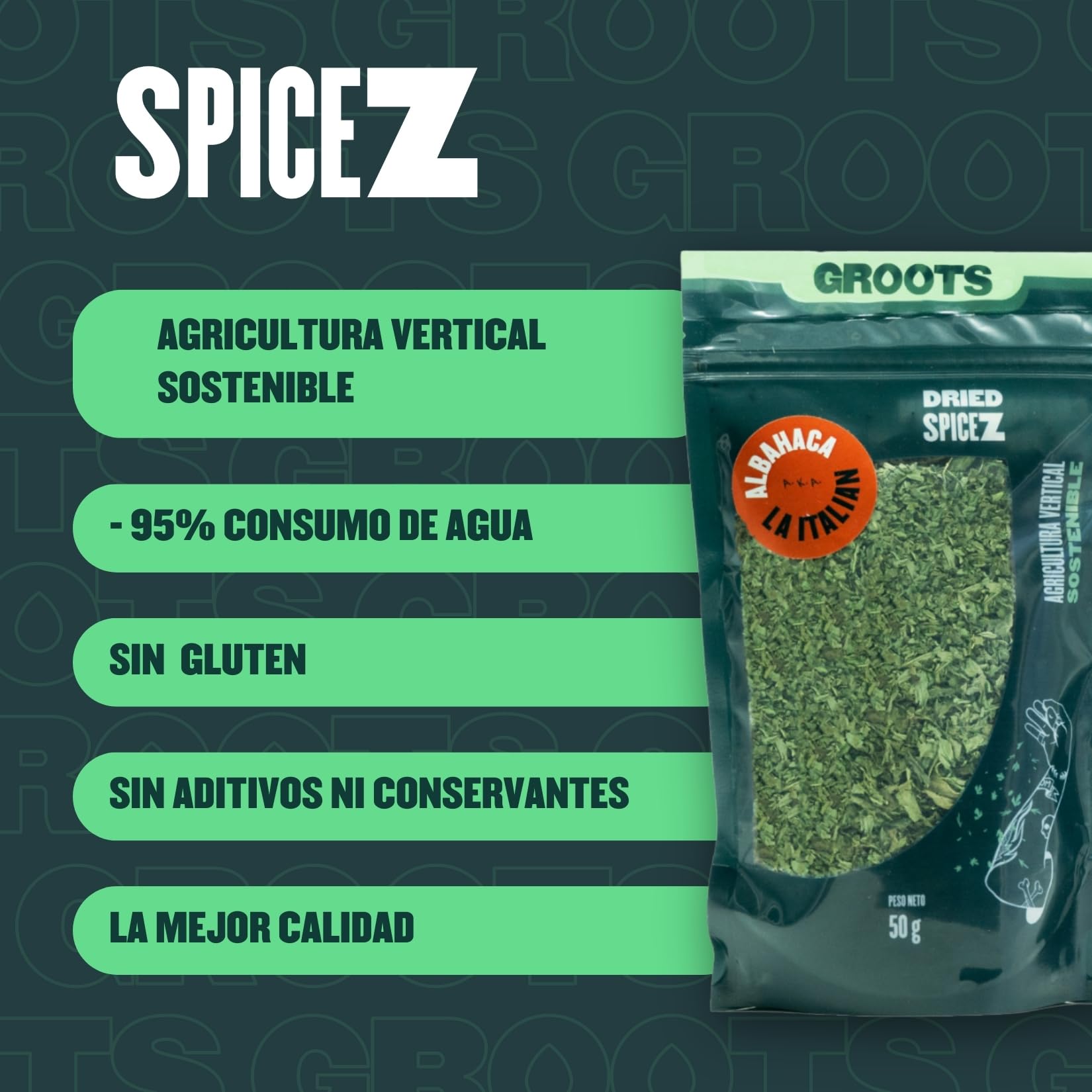 Groots SpiceZ - Albahaca Seco - 50 g - Especias para Sazonar tus Comidas - Condimento Ideal de Cocina - Hierba Aromática - Cultivo Vertical sin Tierra