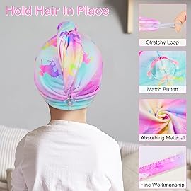 Basumee Microfiber Hair Towel Wrap for Kids 2 Pack Rapid Drying Hair Towel with Button Hair Turbans for Wet Hair Wraps Head Towel Wrap for Women and Girls, Colorful Unicorn