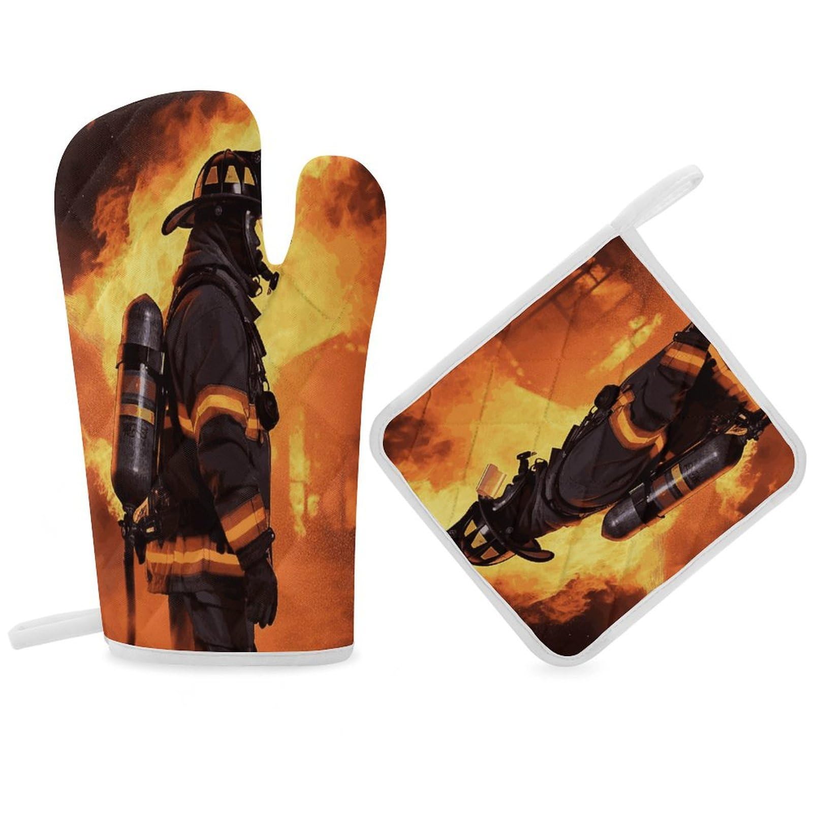 Fodpand Women's Style Firefighter Fireman Flame Oven Mitts And Pot Holders Sets,Oven Gloves For Kitchen Oven Mitts And Potholders For Baking Cooking Grilling Apartment Essentials