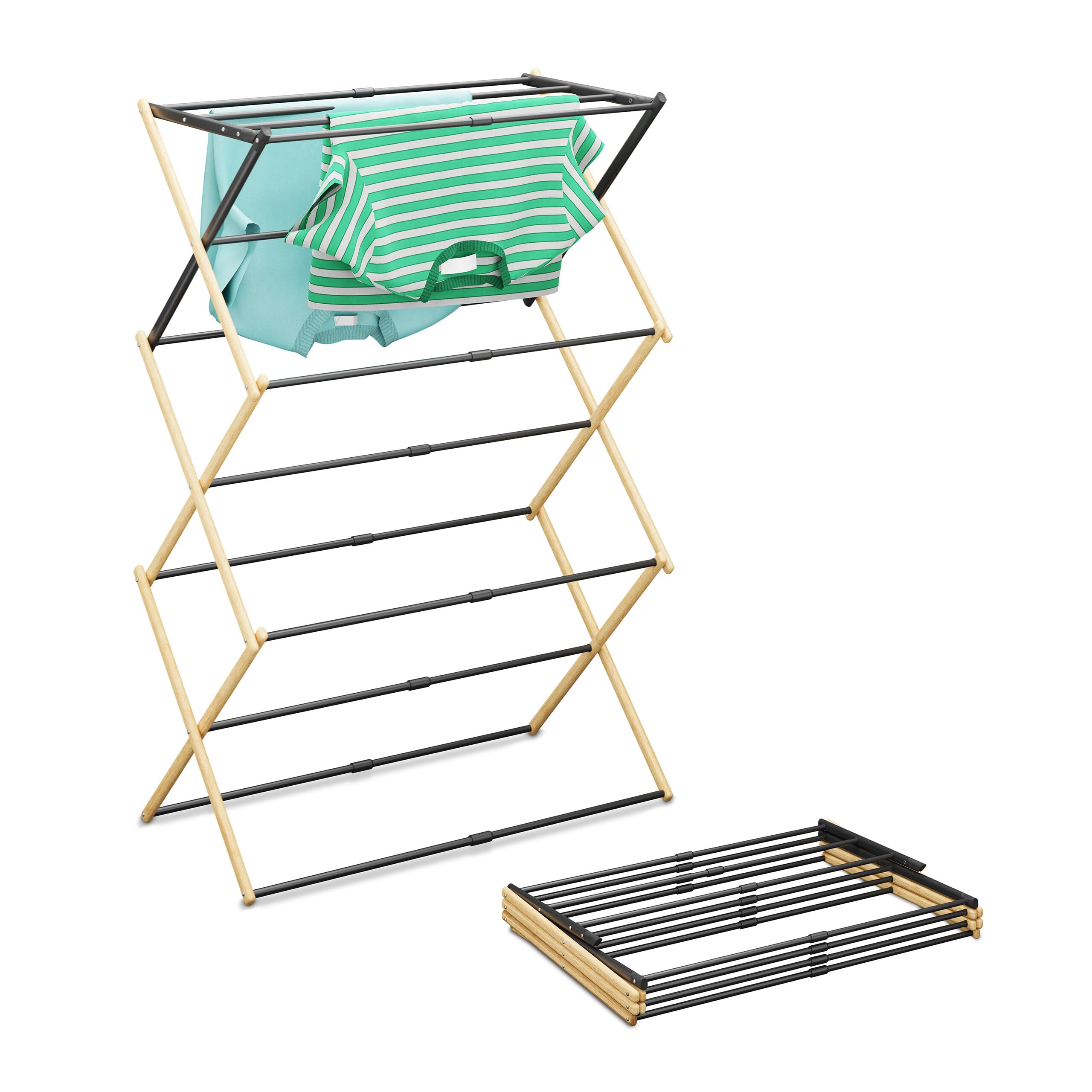 Tendedero Relaxdays, Plegable, Extensible, 11 Barras, HxBxT: 107 x 43-74 x 37 cm, bambú y Metal, Natural/Negro