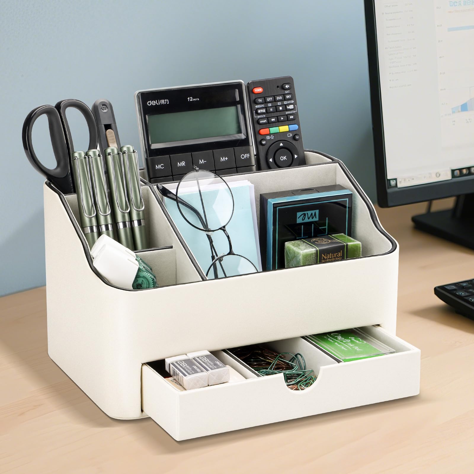 KINGFOM Organizer da scrivania con cassetto, portapenne multifunzione per scrivania, organizer da scrivania e accessori, 5 scomparti per forniture per casa e ufficio (crema)
