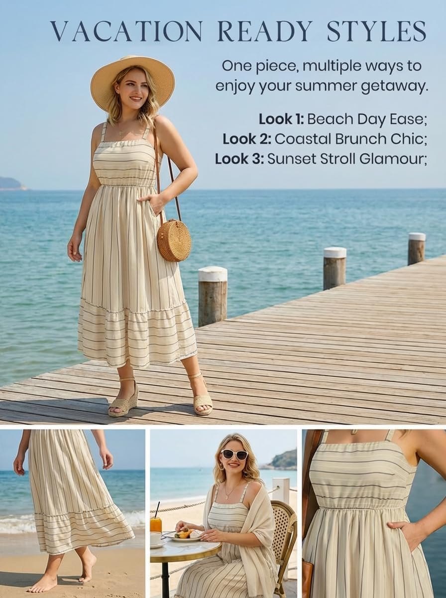 RITERA Plus Size Summer Dresses for Curvy Women Maxi Square Neck Sleeveless Casual Beach Sundress with Pockets, Flowy Dress
