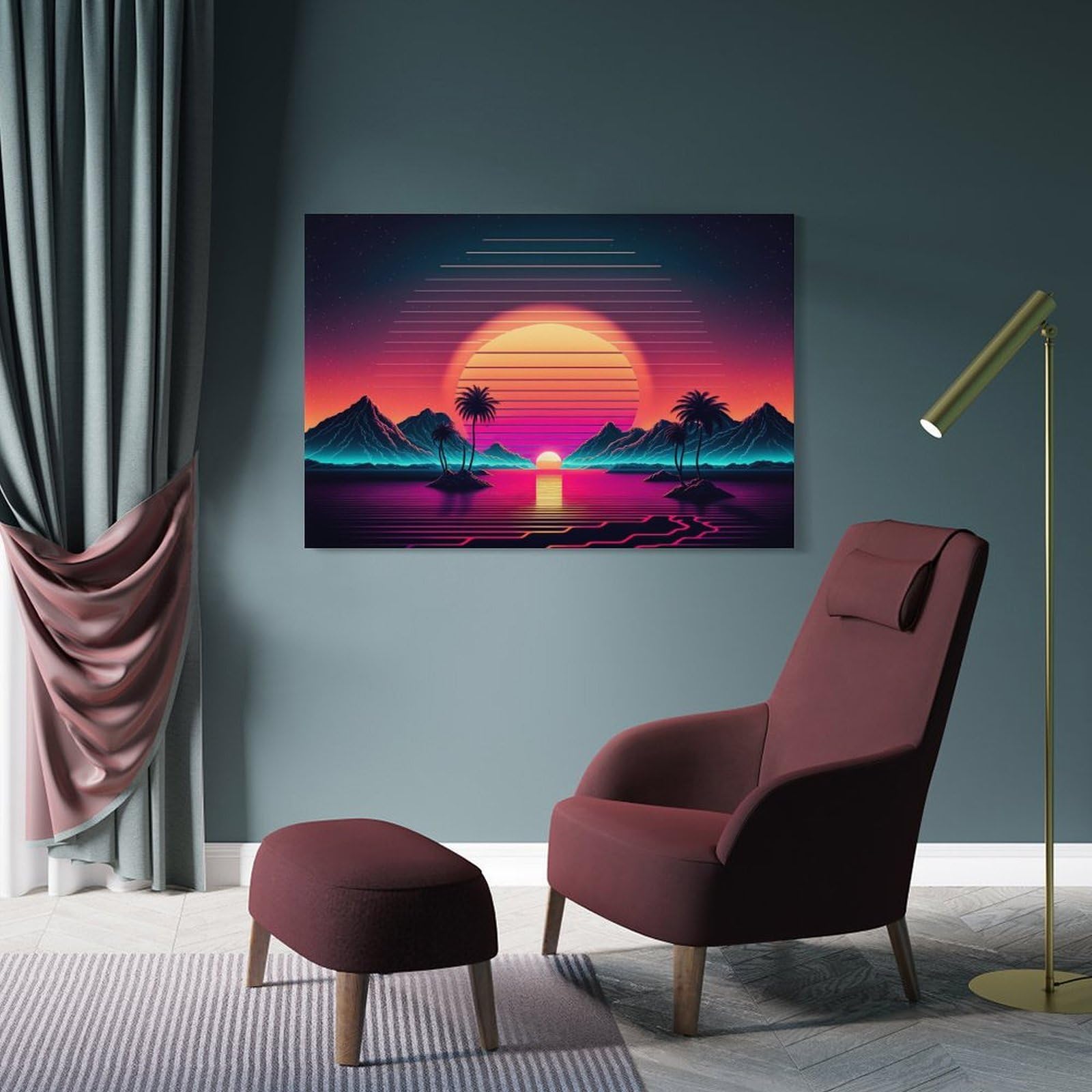 Junmoney Frame-Style-1 Neon Sunset Palm Trees Canvas Wall Decor, 20X30inch(50X75cm), For Flats, Guest Rooms Or Compact Rooms, Decorative Canvas Decor For Home Updates